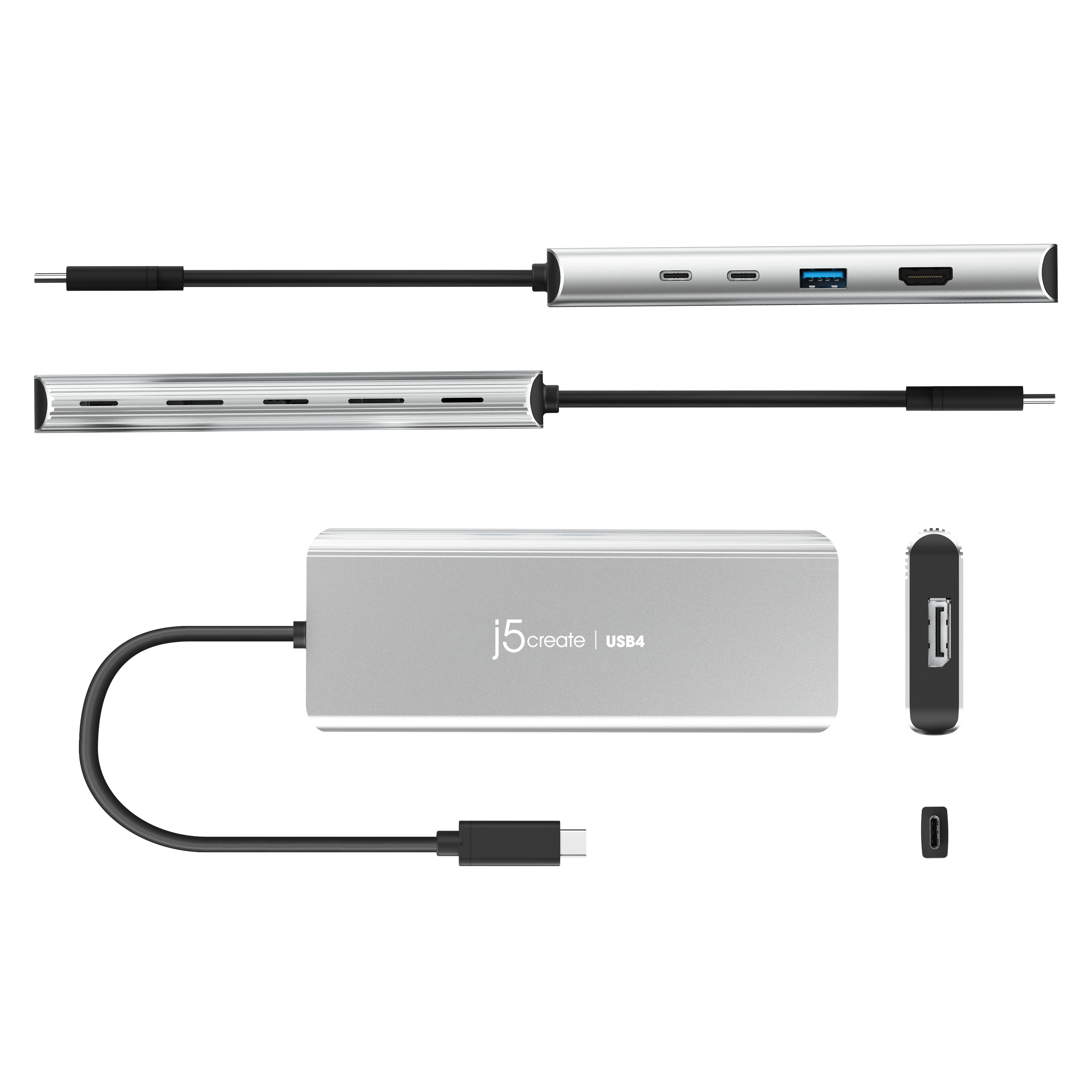 Silberne und graue USB-Hubs mit mehreren Anschlüssen. Eines wird aus verschiedenen Winkeln gezeigt.