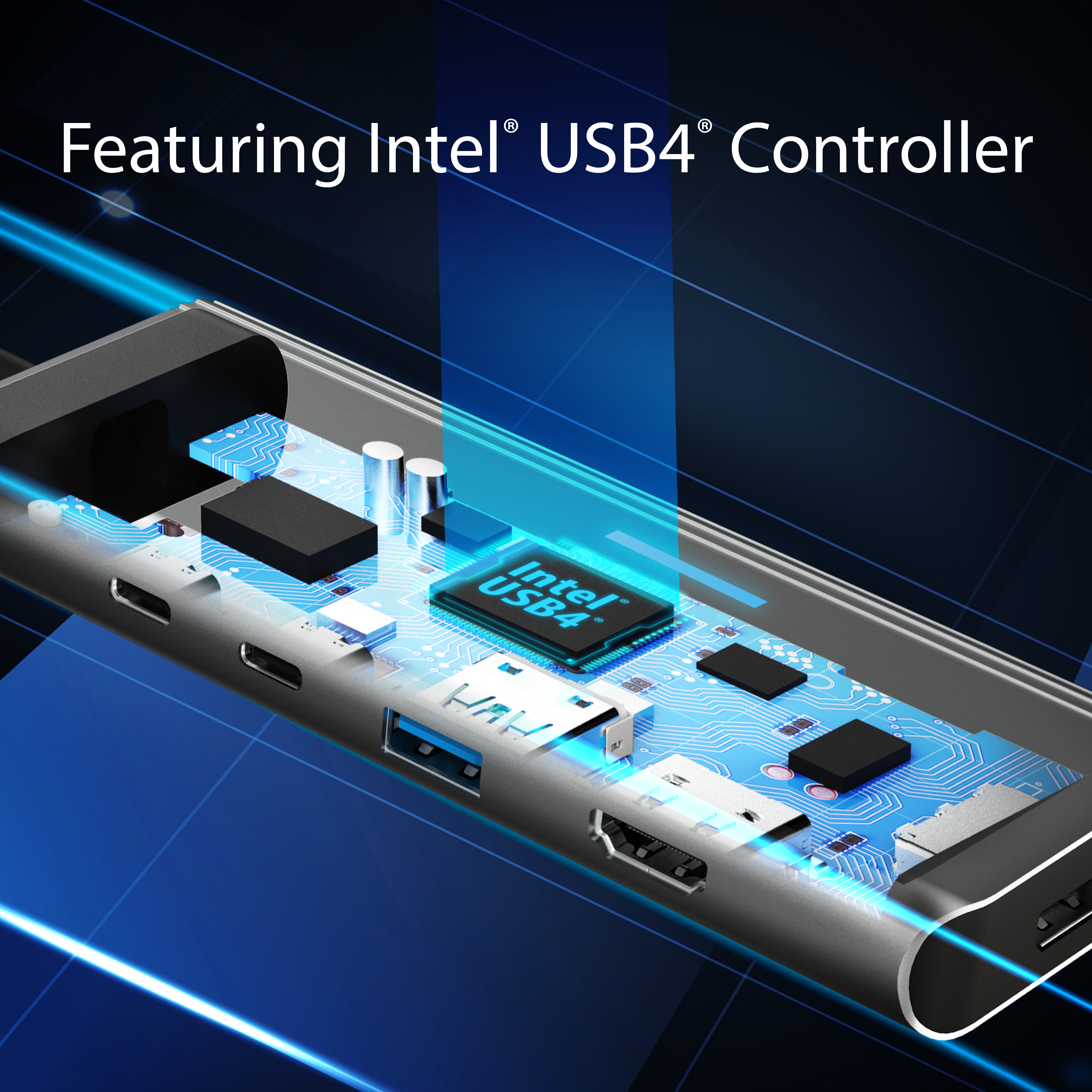 Eine Leiterplatte mit Intel USB4 Controller. Blaue Highlights, Text und Anschlüsse sichtbar.