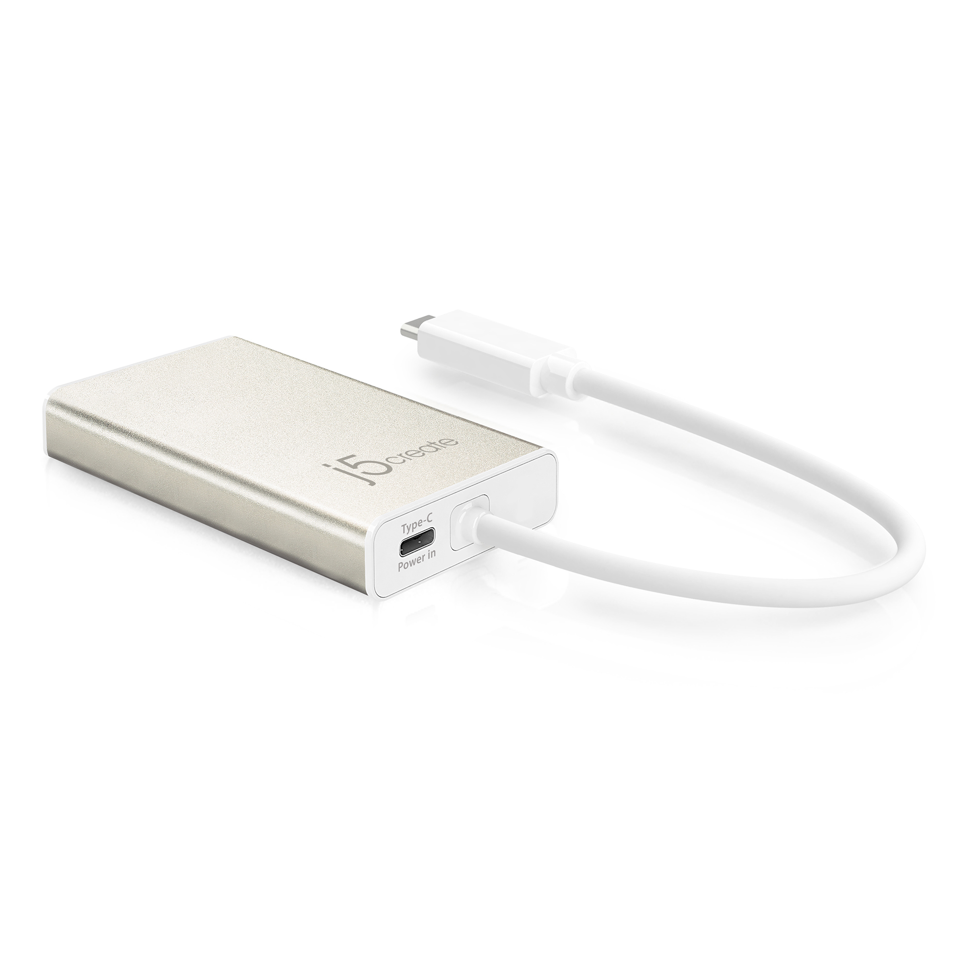 Silberfarbener rechteckiger Adapter mit Typ-C-Anschluss und weißem Kabel. Das Kabel ist mit dem Adapter verbunden.