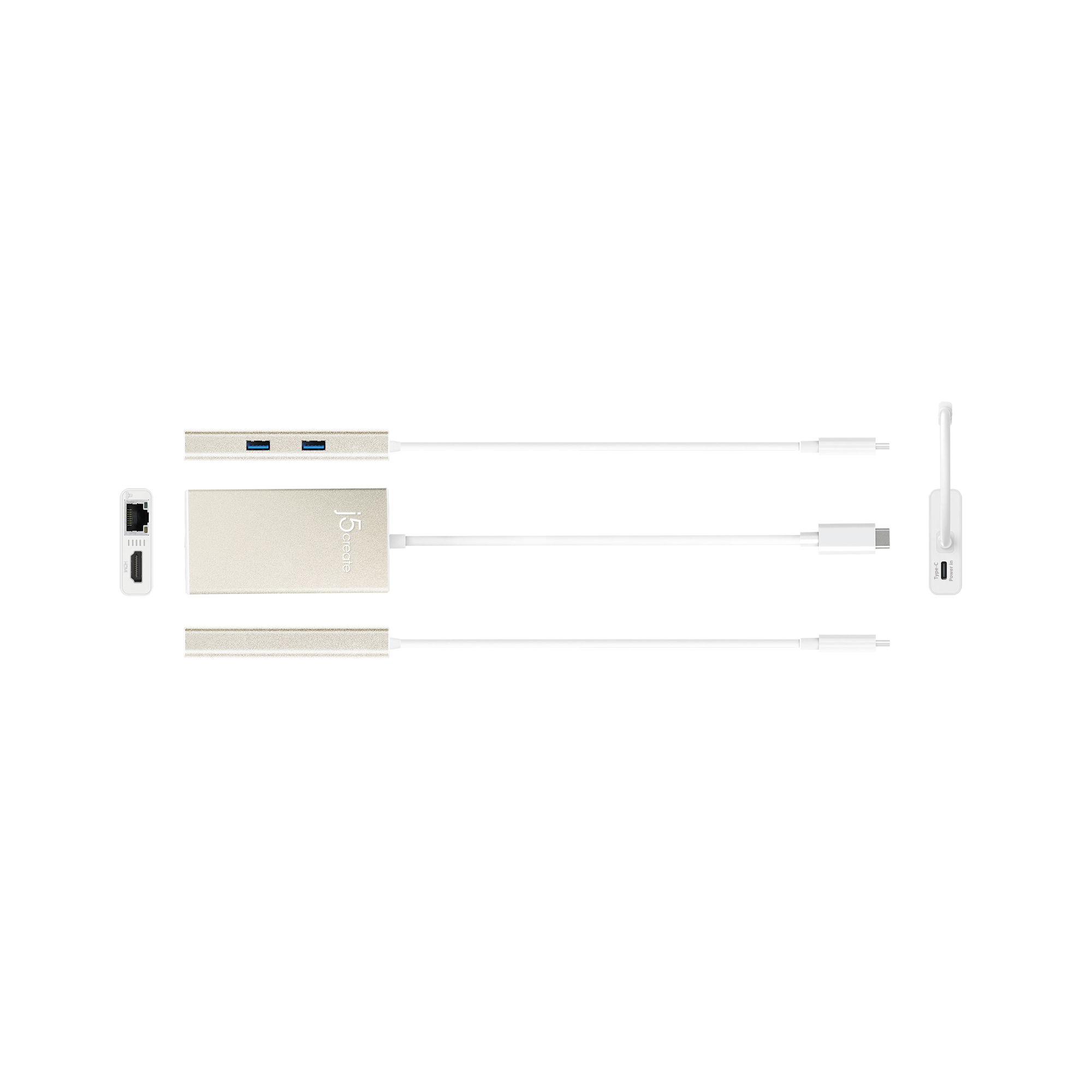 Goldfarbener USB-Hub mit mehreren Anschlüssen und weißen Kabeln. Ein weißer Hintergrund.