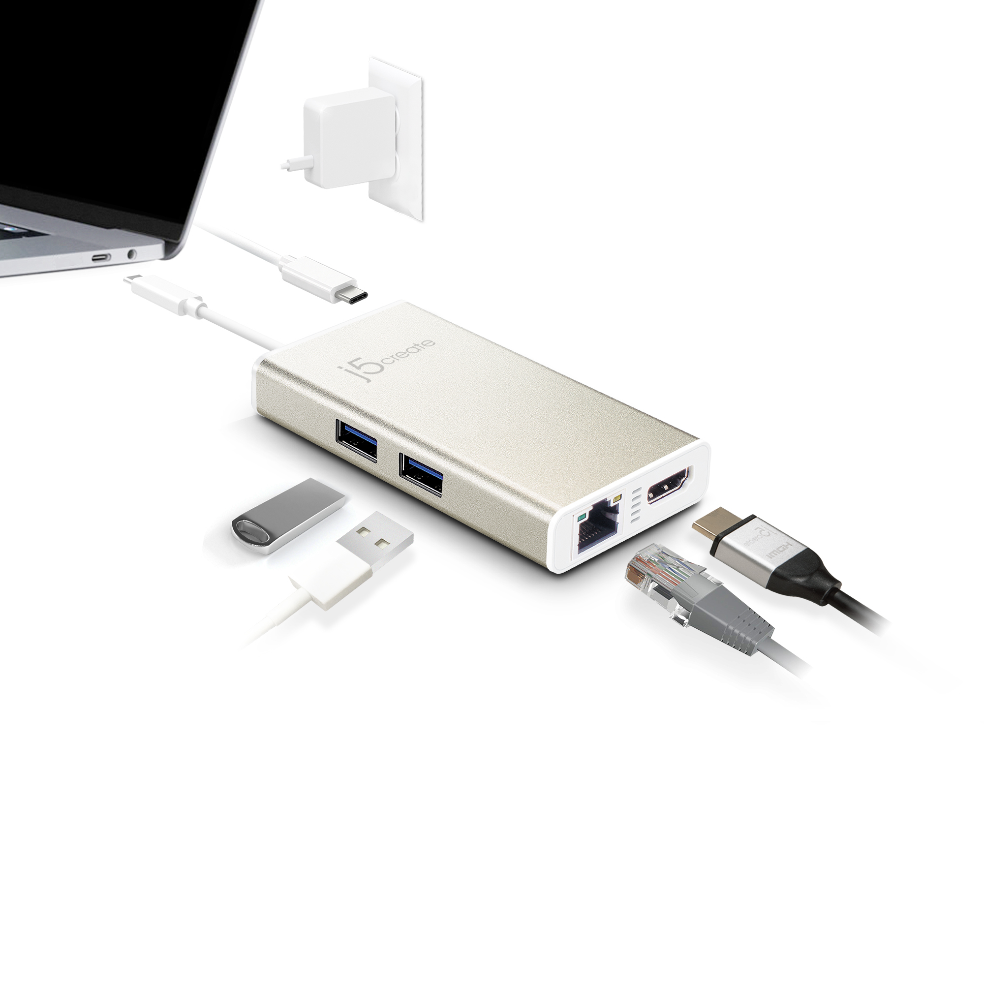 Mehrere angeschlossene Geräte, die mit einem Hub verbunden sind, neben einem Laptop, auf weißem Hintergrund.