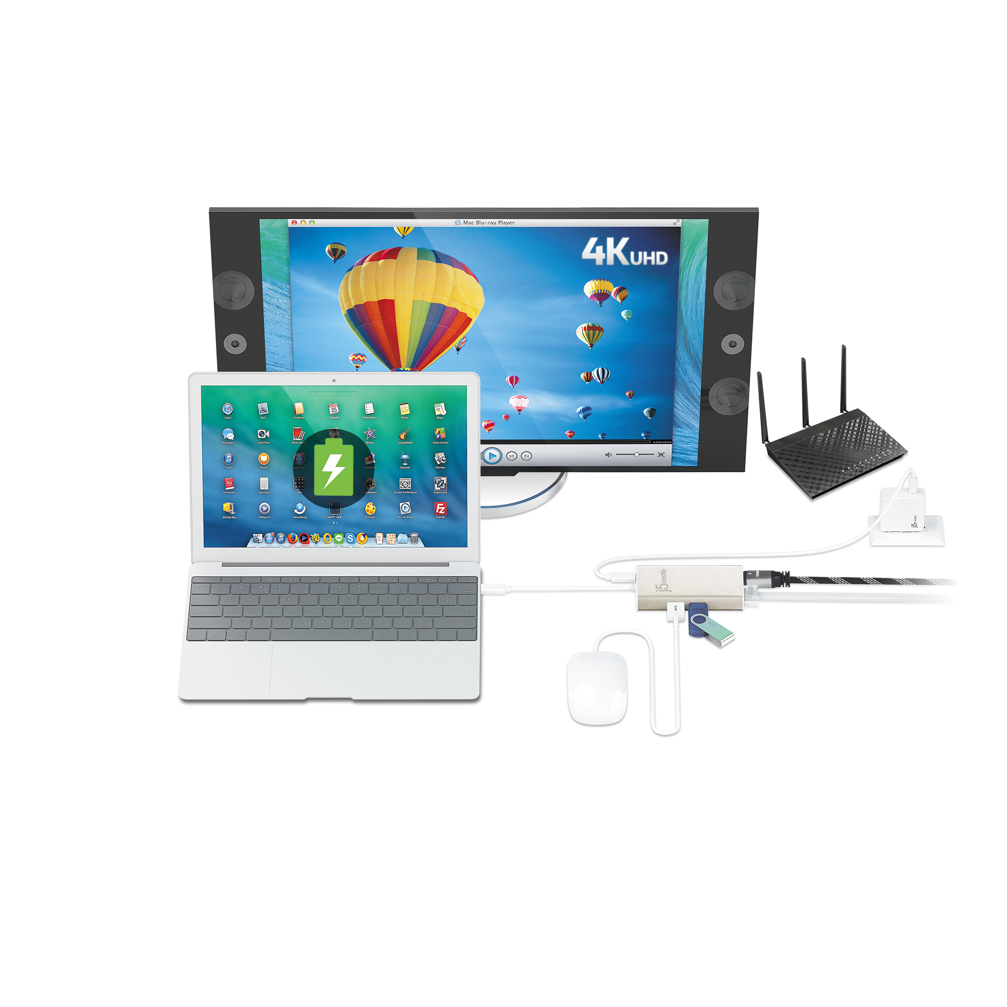 Laptop, der mit einem Monitor, einem Hub und einem Router verbunden ist. Weißer Hintergrund.