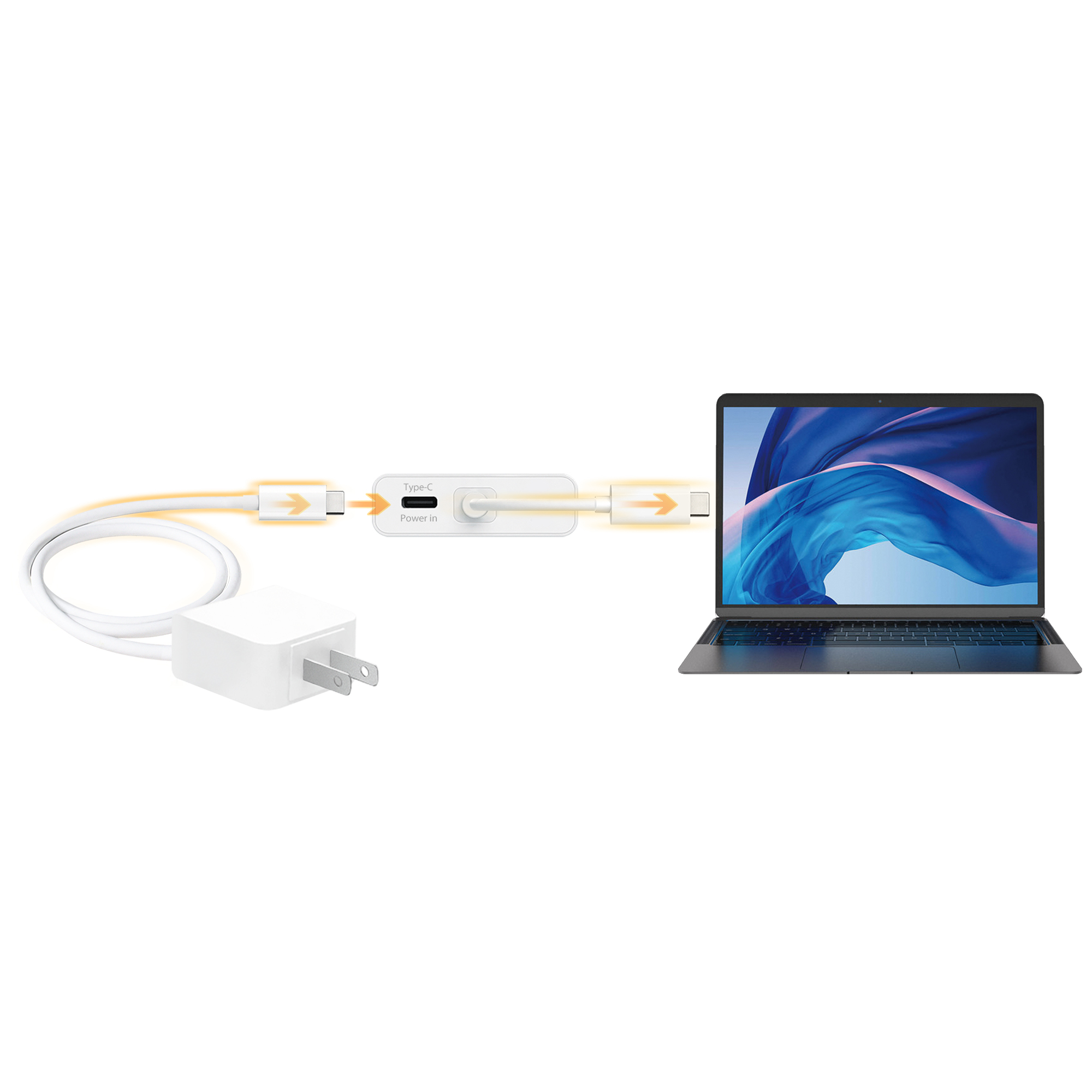 Ein weißes Ladegerät und ein Laptop, verbunden durch ein weißes Kabel und einen kleinen Adapter.
