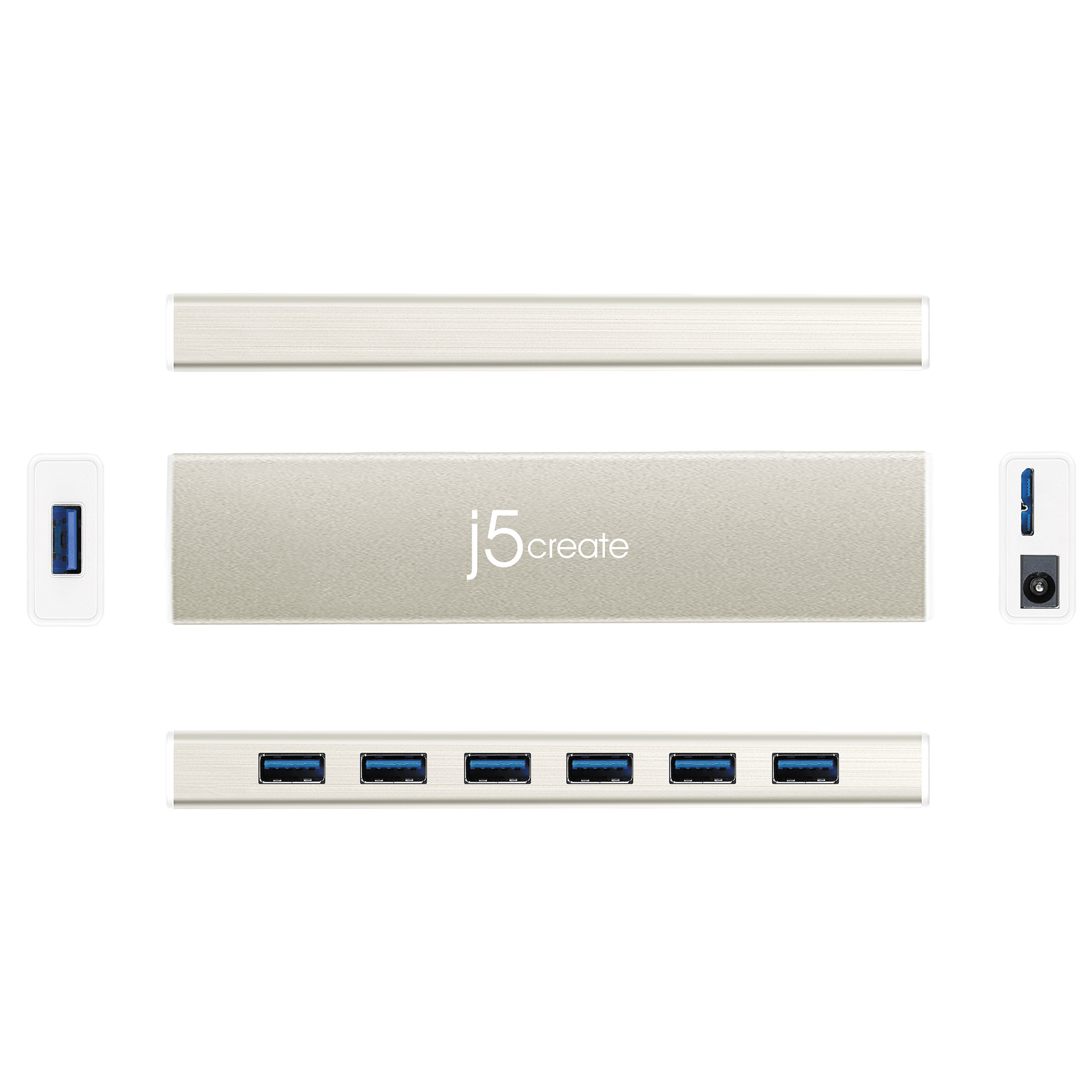 Explosionszeichnung eines silbernen j5create USB-Hubs mit Anschlüssen und Komponenten.