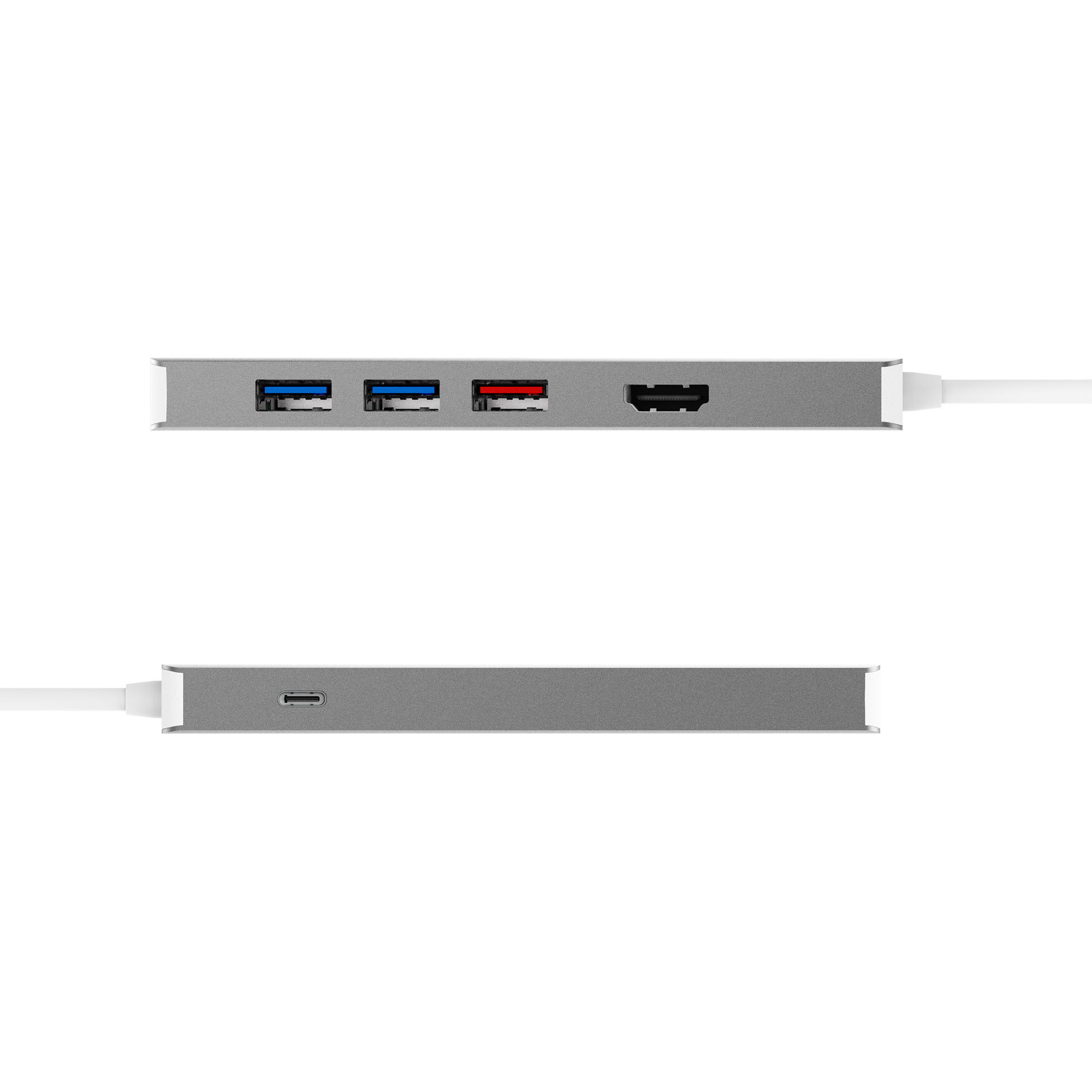 Silberner USB-Hub mit USB- und HDMI-Anschlüssen und einem einzelnen USB-C-Anschluss. Weißer Hintergrund.