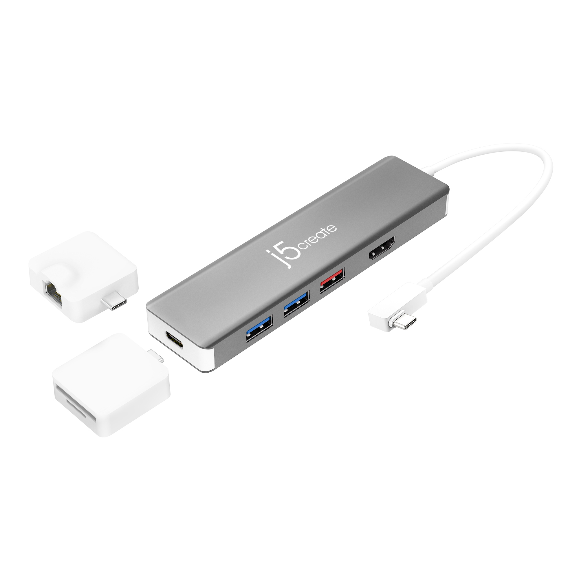 Ein silberner j5create-Hub mit USB-Anschlüssen, einem USB-C-Anschluss und anderen Anschlüssen, auf weißem Untergrund.