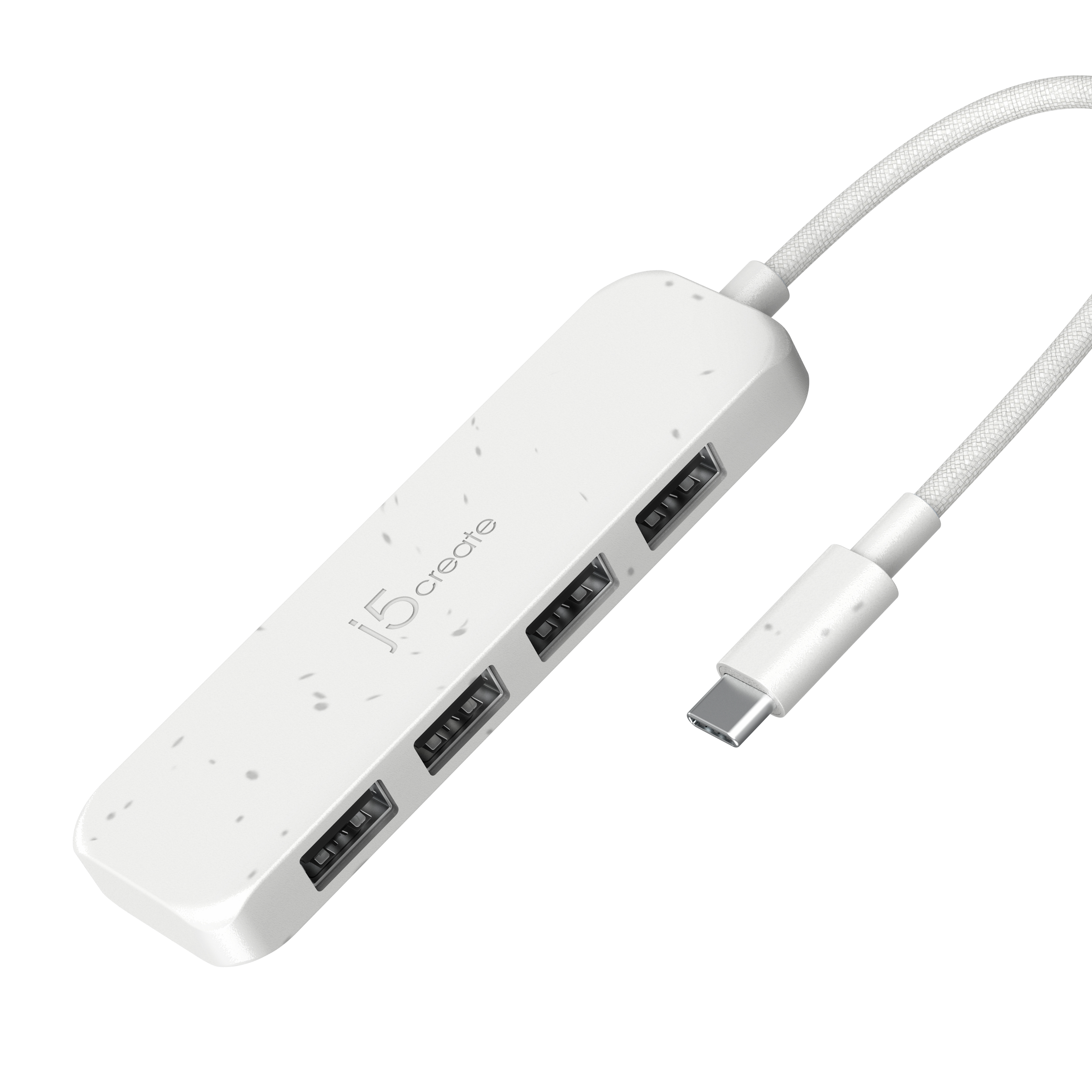 Ein weißer USB-Hub mit vier Anschlüssen. Er hat ein weißes Kabel und einen USB-C-Anschluss.