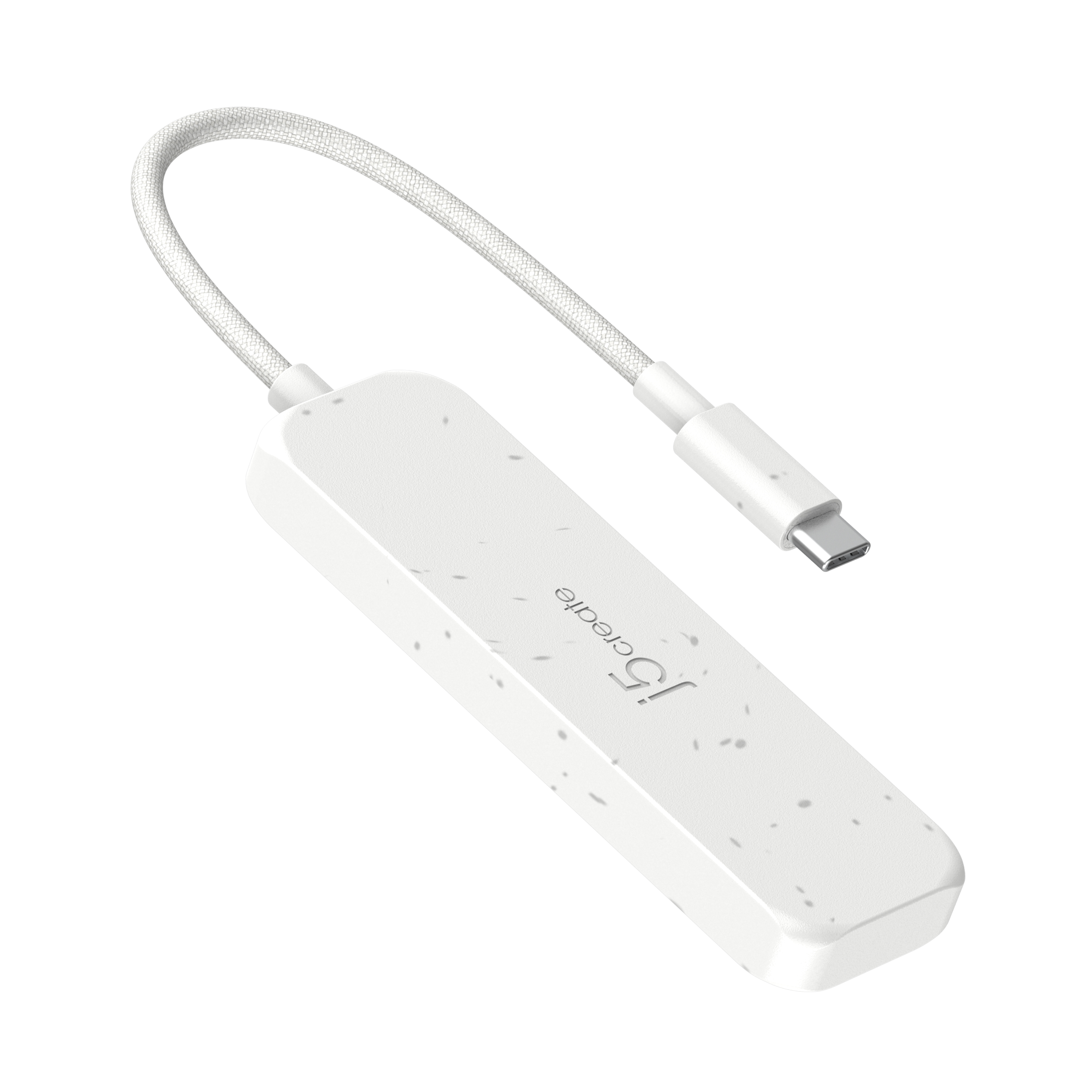 Weißer USB-C-Hub mit Kabel. Es hat eine strukturierte Oberfläche und einen USB-C-Anschluss.
