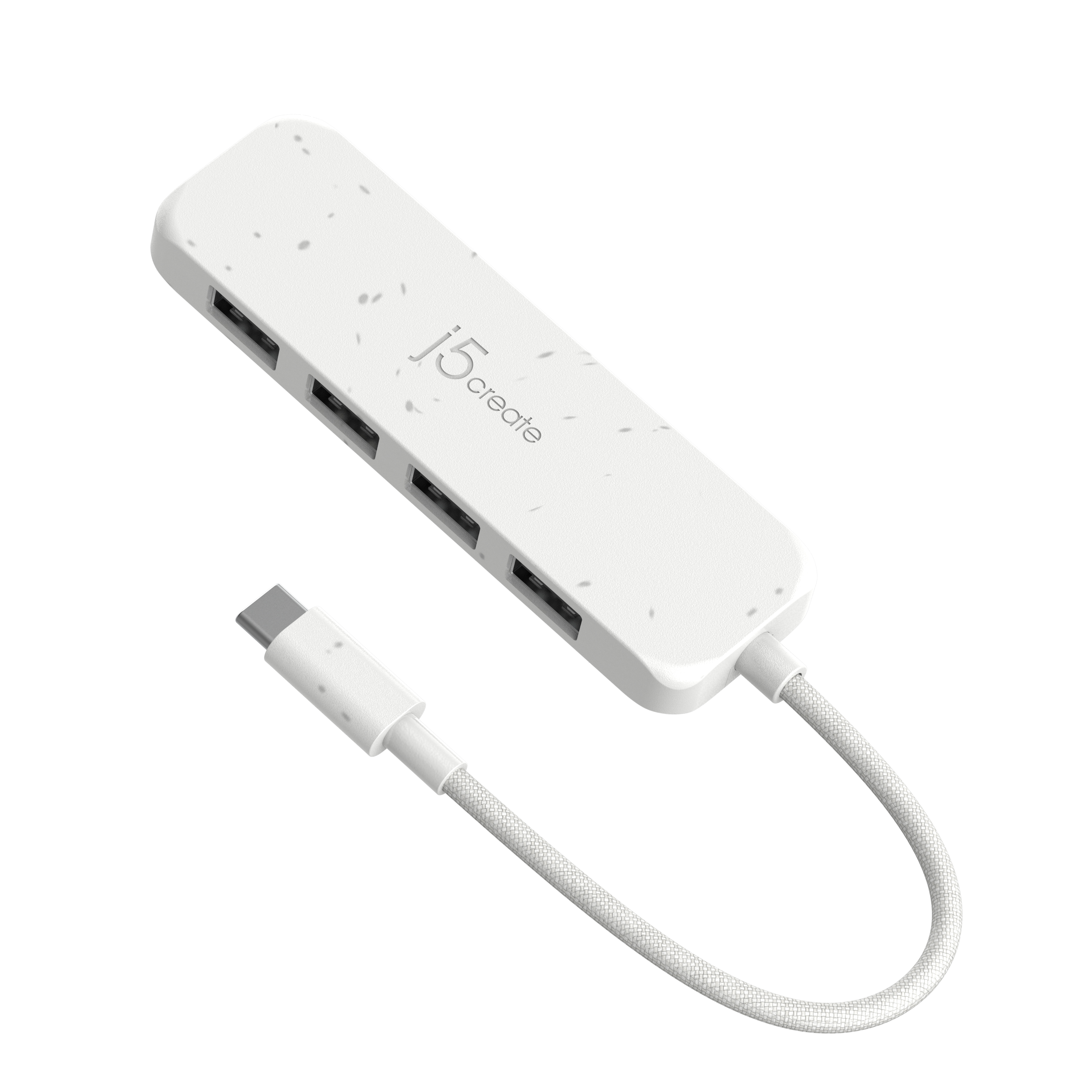 Ein weißer USB-C-Hub mit 4 Anschlüssen. Es ist ein weißes Kabel angeschlossen. Das Logo 'j5create' ist sichtbar.