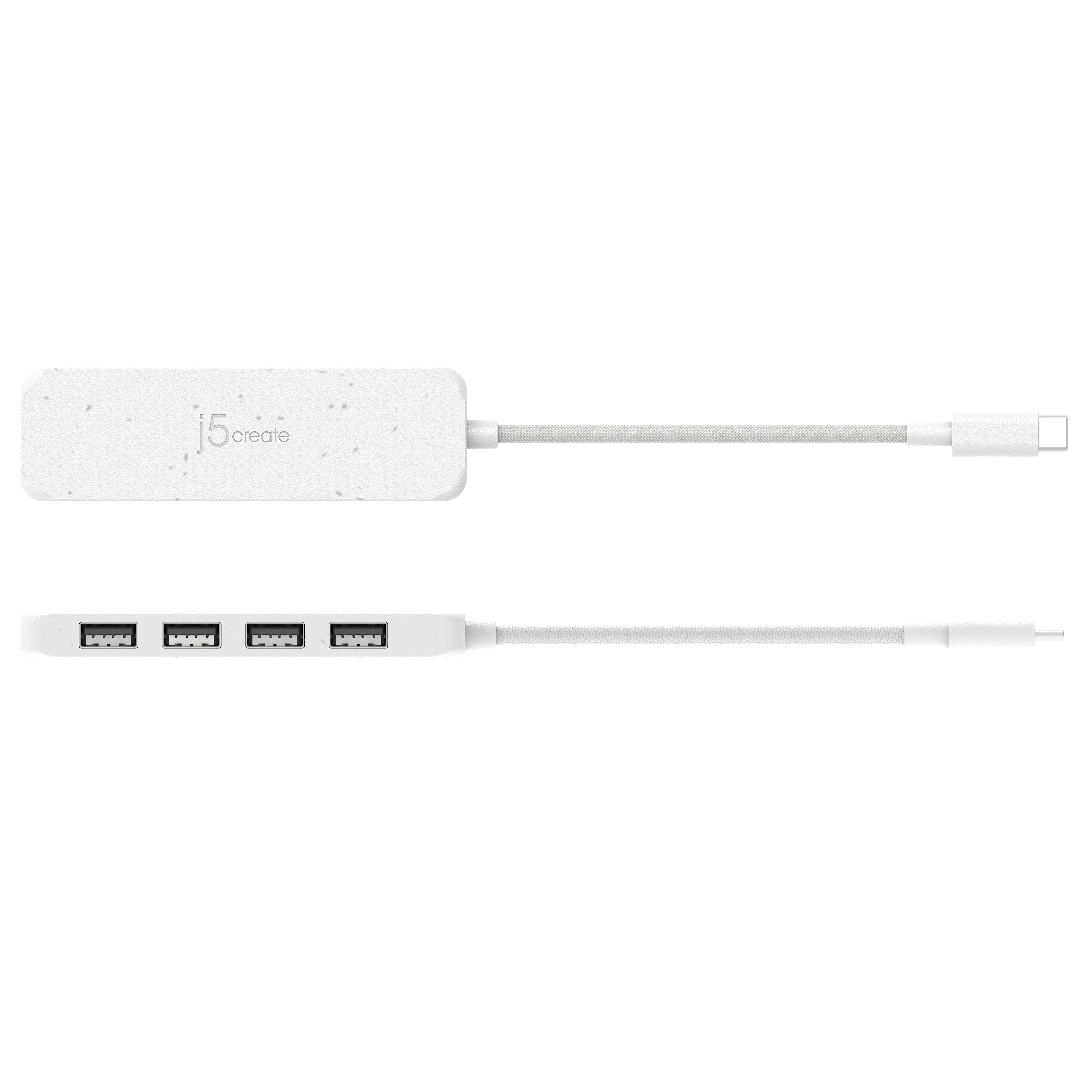 Weißer USB-Hub mit vier Anschlüssen und Kabel. Weißer Hintergrund.