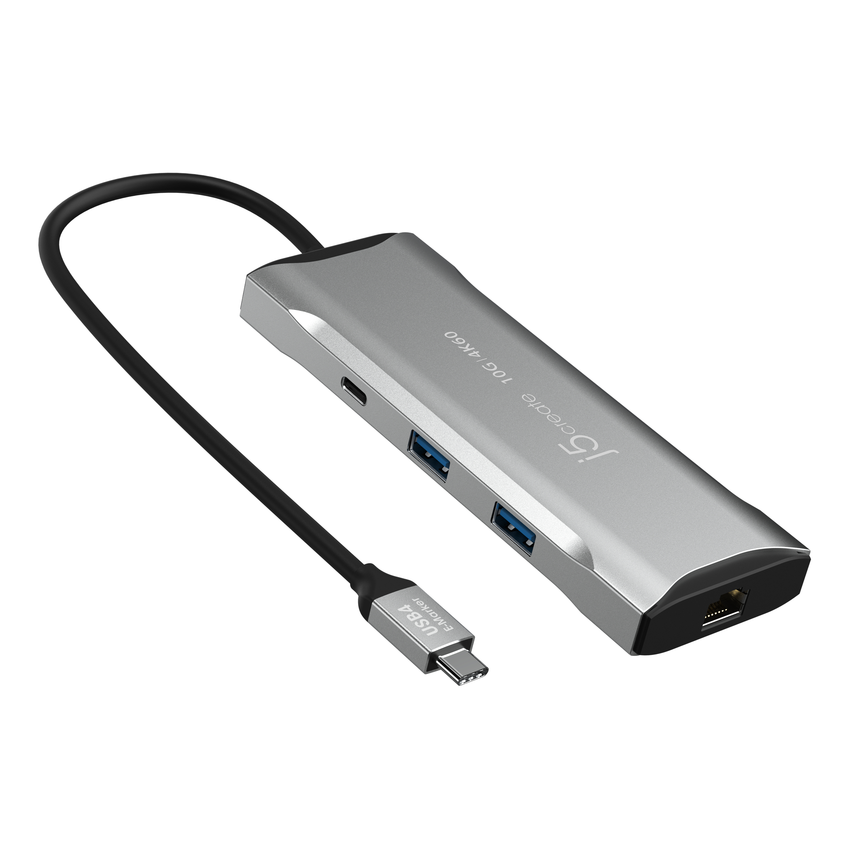 Silberner USB-C-Hub mit mehreren Anschlüssen und einem schwarzen Kabel.