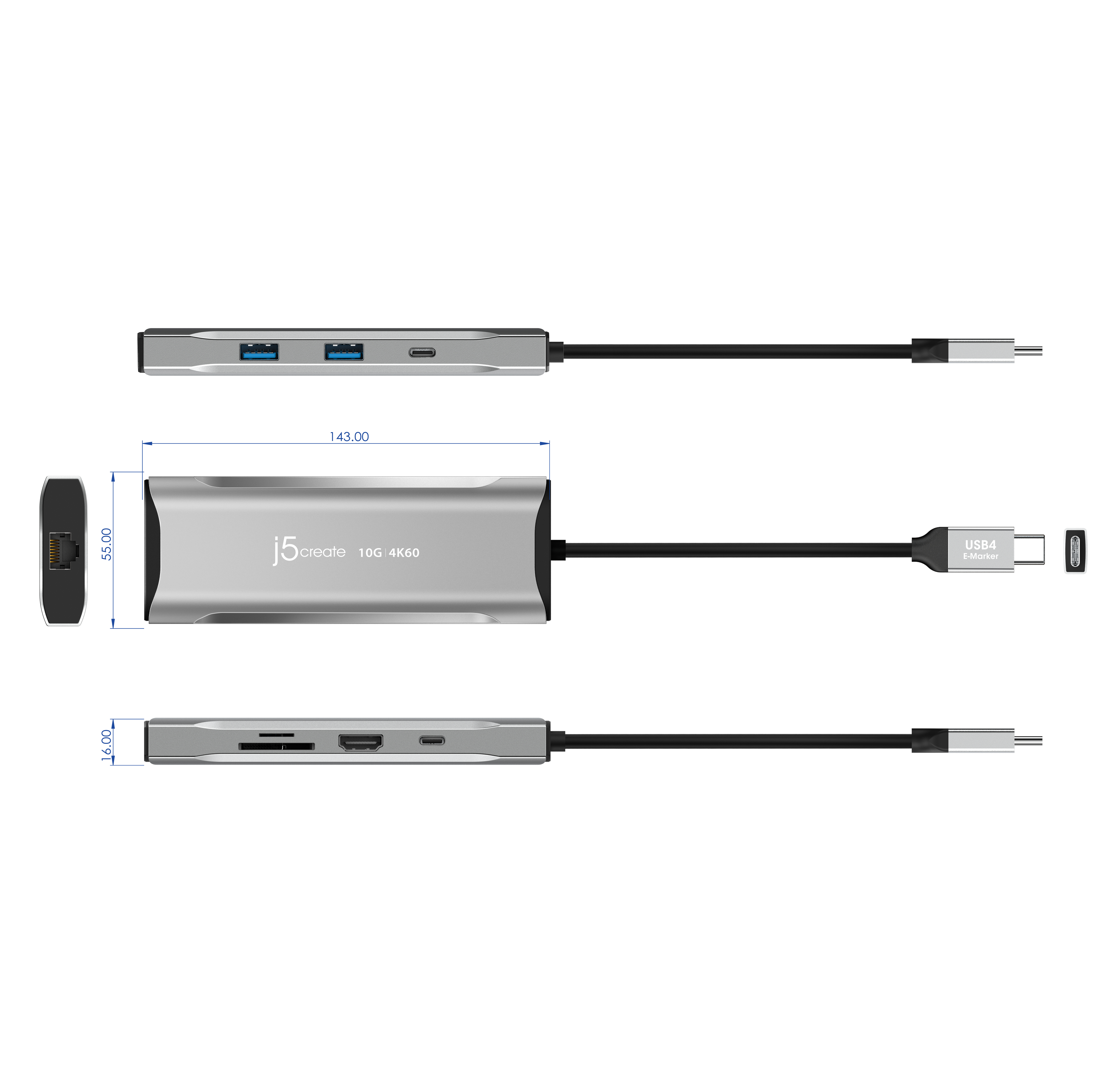 Silberner USB-Hub mit Anschlüssen und Messungen. Text lautet: j5create 10G 4K60. Schwarzes Kabel mit USB-C-Anschluss.