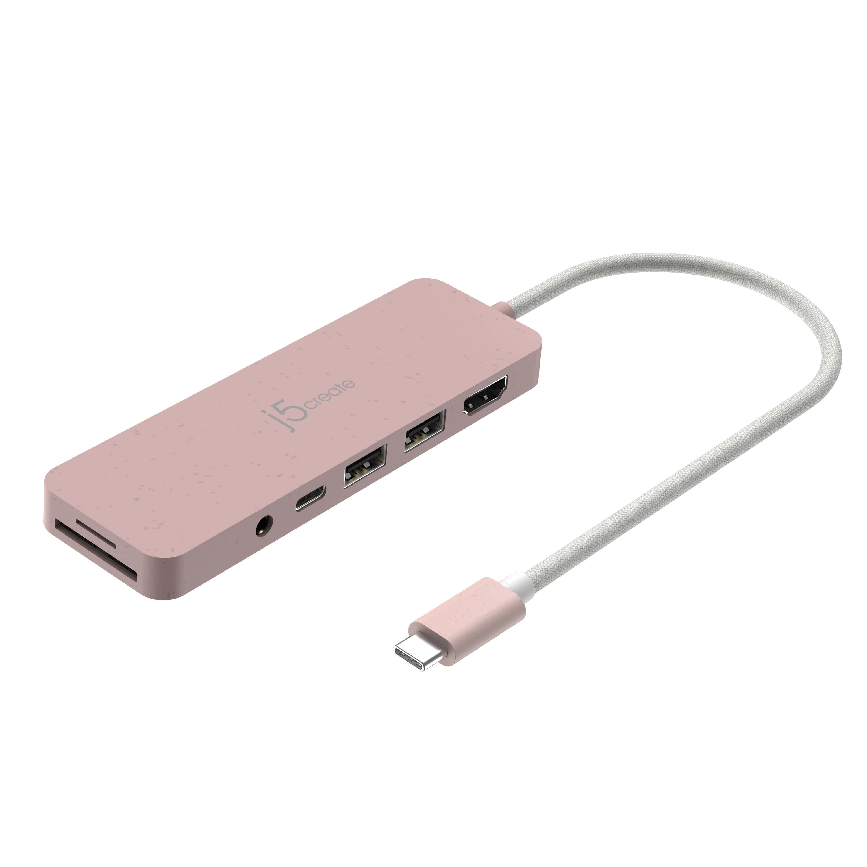 Rosa USB-Hub mit weißem Kabel. Es hat mehrere Anschlüsse und ist an einen USB-C-Anschluss angeschlossen.