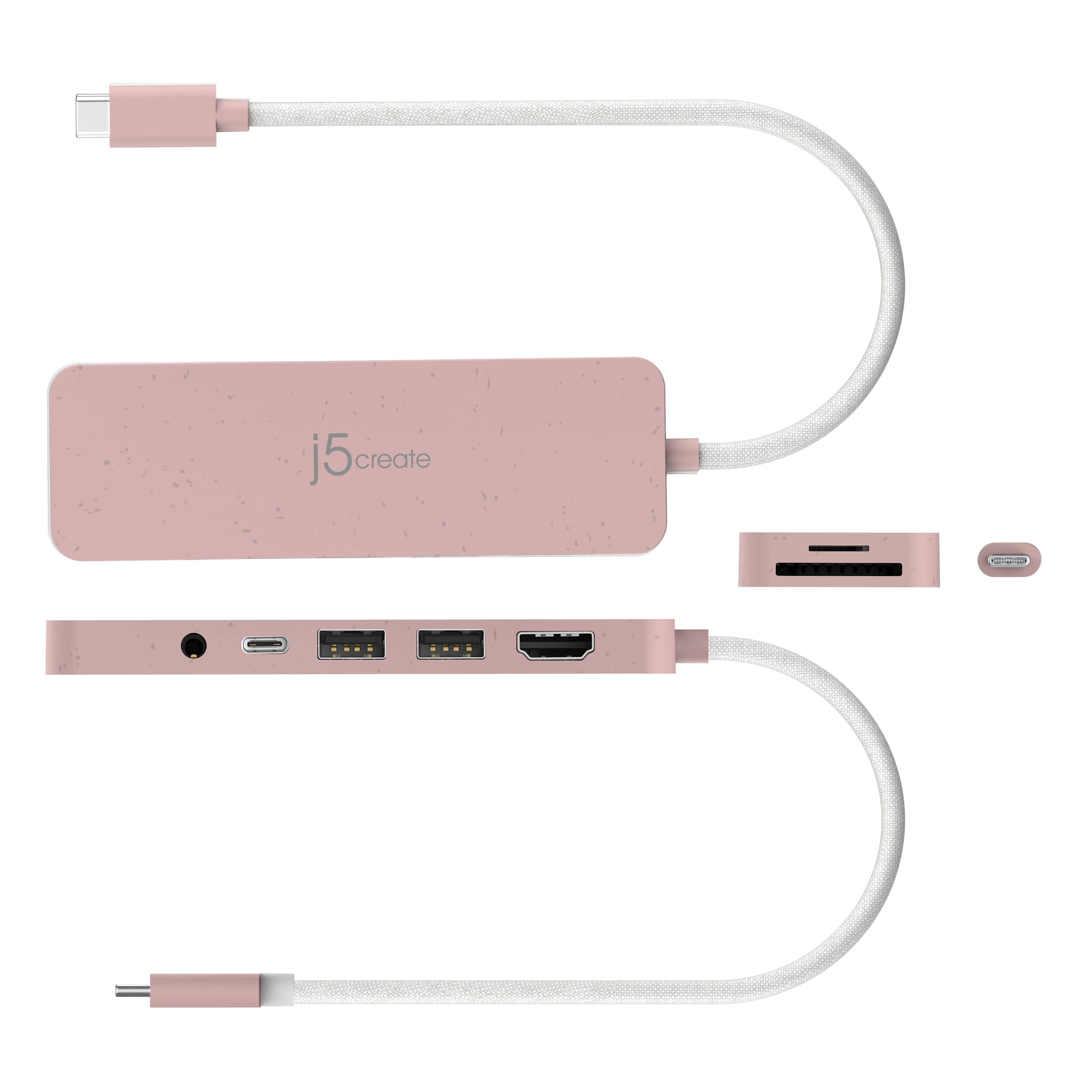 Rosa USB-Hub mit mehreren Anschlüssen und weißem Kabel. Inklusive USB-C, USB, HDMI und SD-Kartensteckplatz.