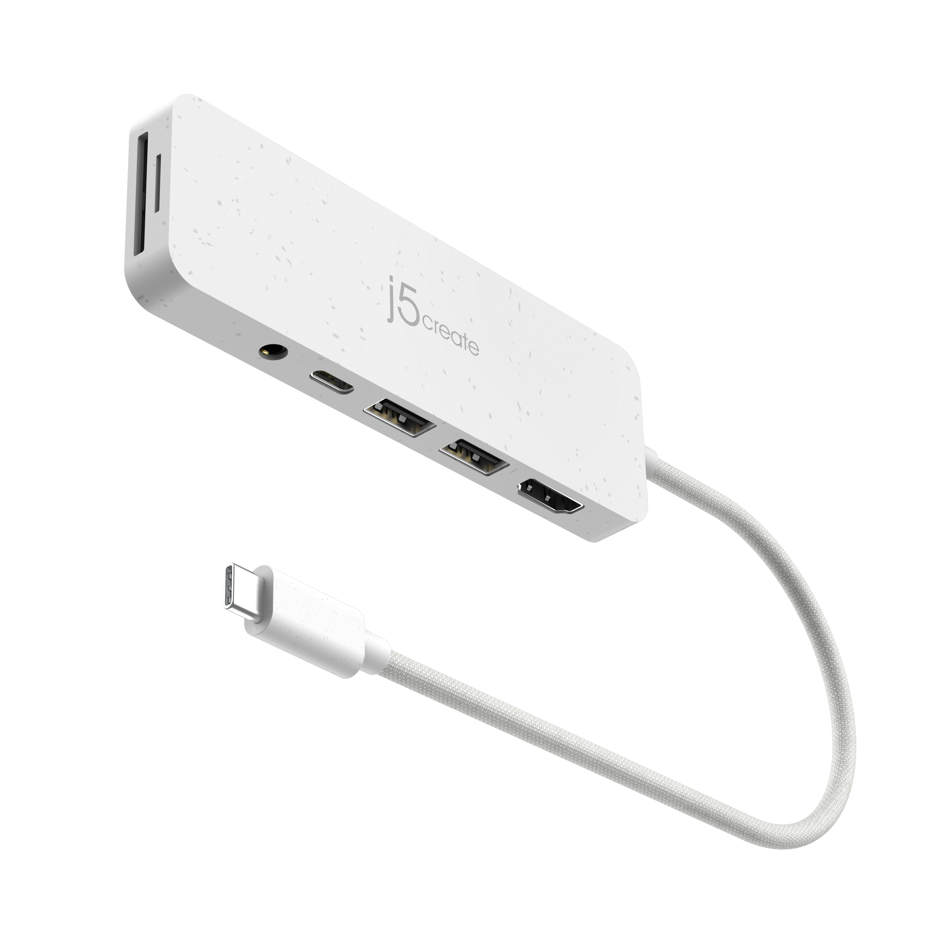 Un hub j5create bianco con più porte e un cavo bianco. Sfondo bianco.
