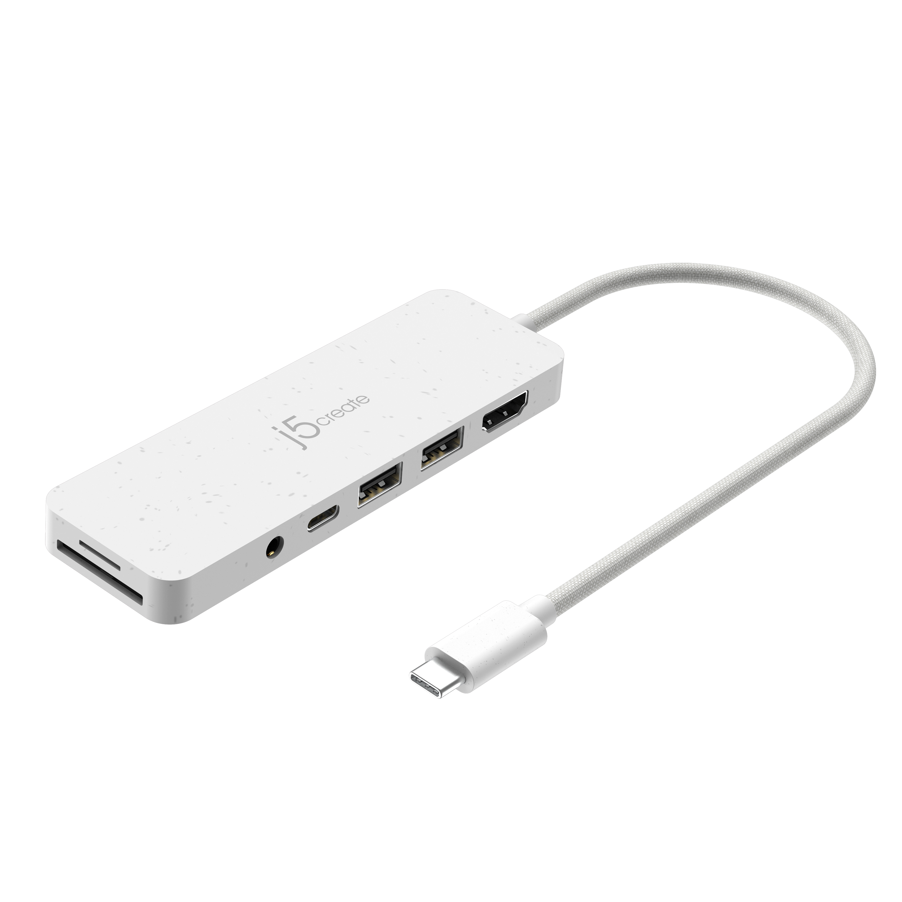 Hub USB i5create bianco con più porte e cavo grigio.