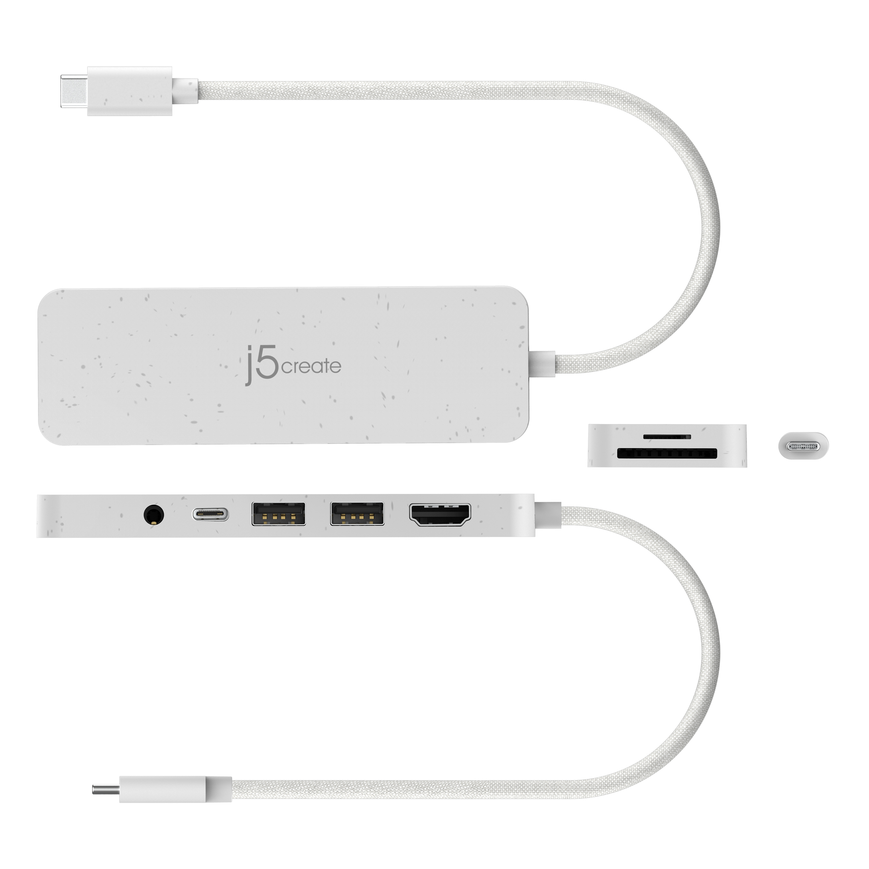 Hub j5create bianco con più porte e un cavo USB-C. Mostra più porte e un lettore di schede.