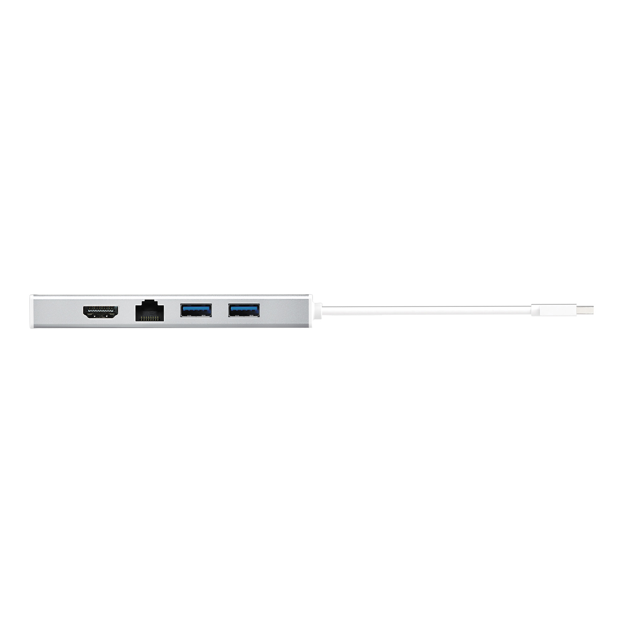 Silberner USB-Hub mit HDMI-, Ethernet- und USB-Anschlüssen, mit weißem Kabel.