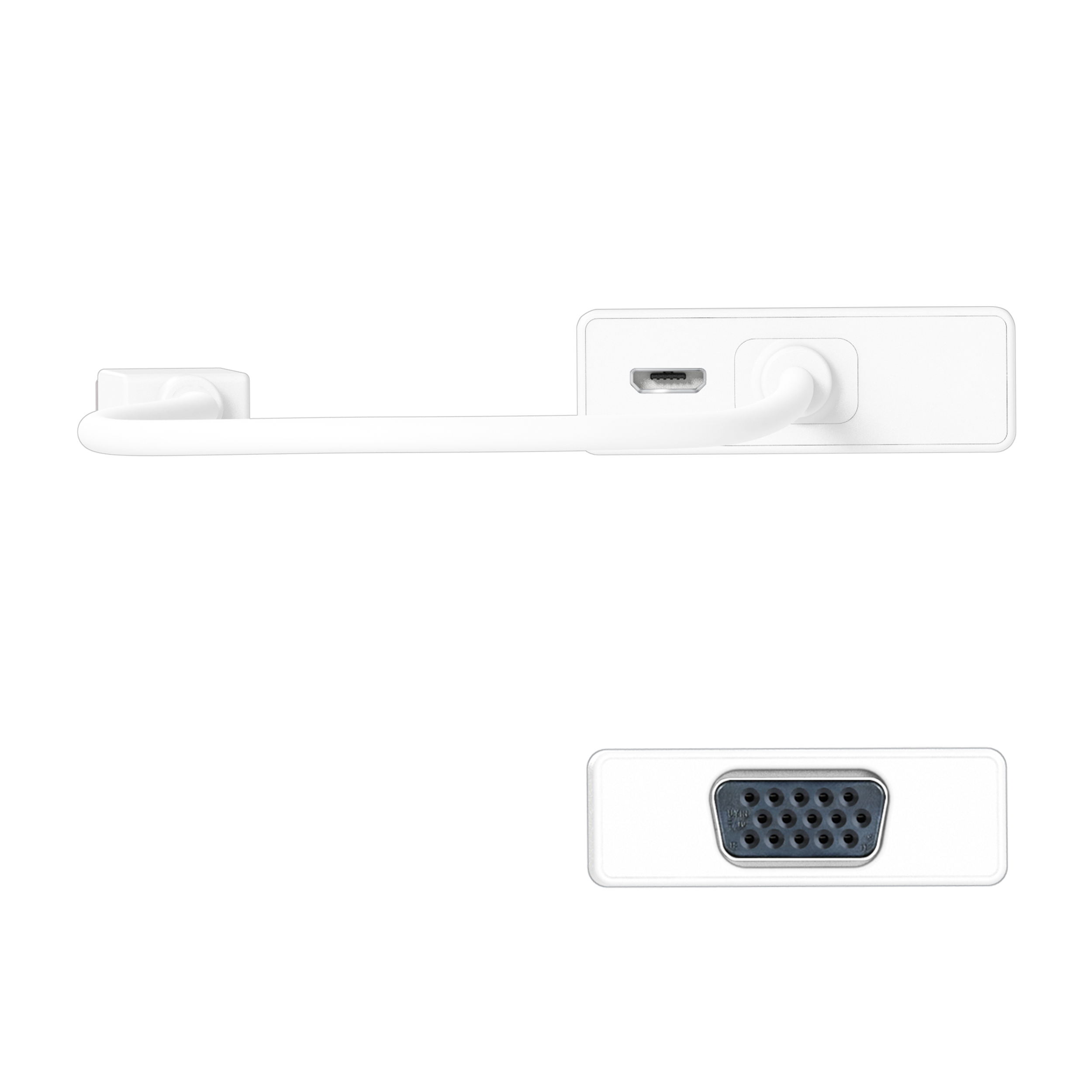 Weißer Adapter mit USB-, Audio- und VGA-Anschlüssen.