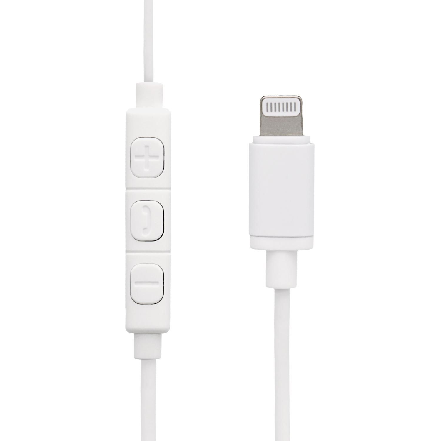 Auricolari iPhone bianchi con controllo del volume e connettore Lightning.