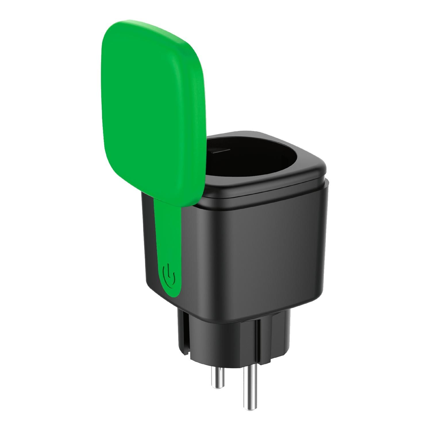 Ein schwarzer Steckeradapter mit grüner Abdeckung. Der Adapter hat drei Stifte und einen Einschaltknopf an der Seite.
