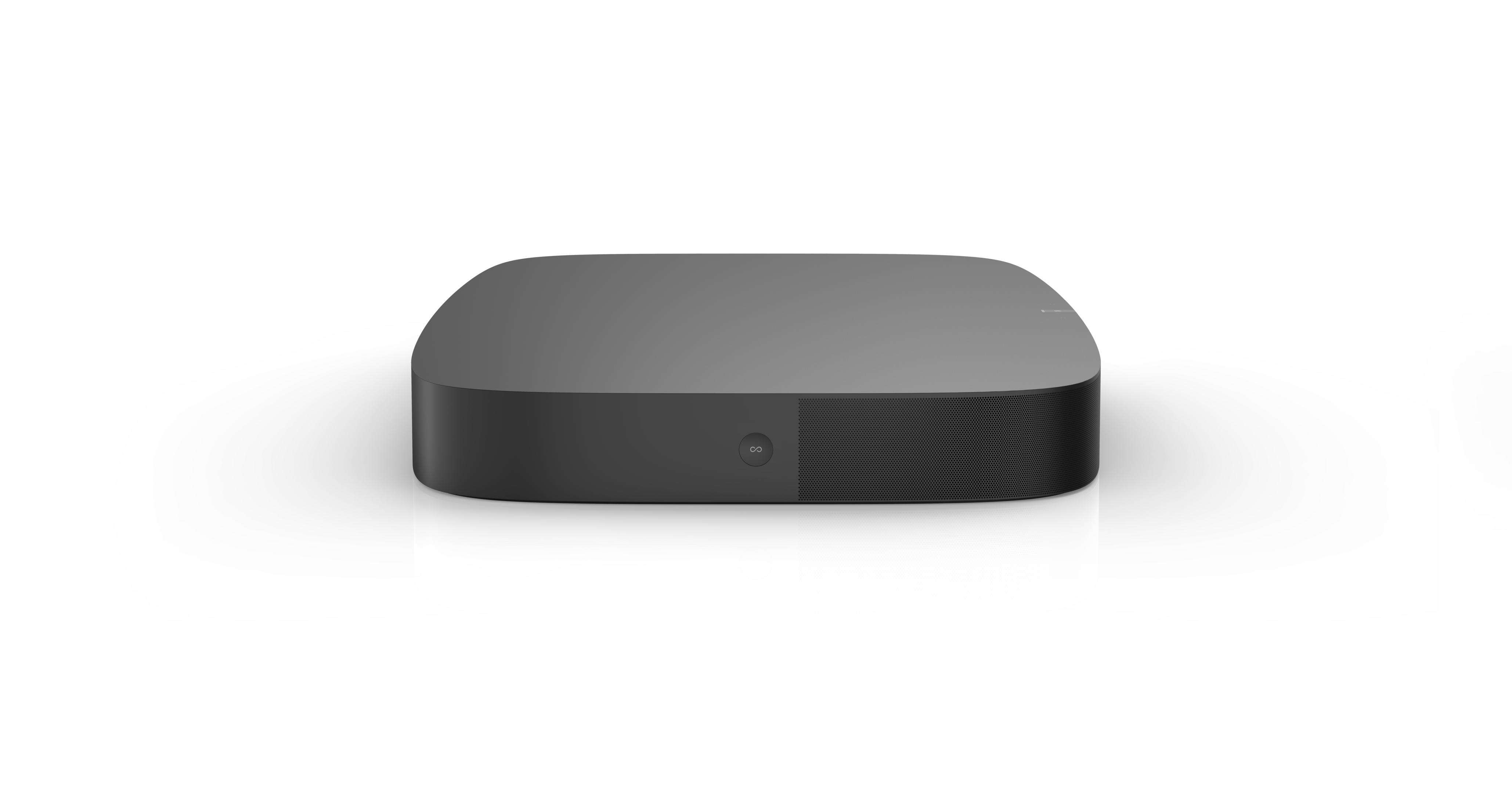 A gray, rectangular media box is on a white surface.