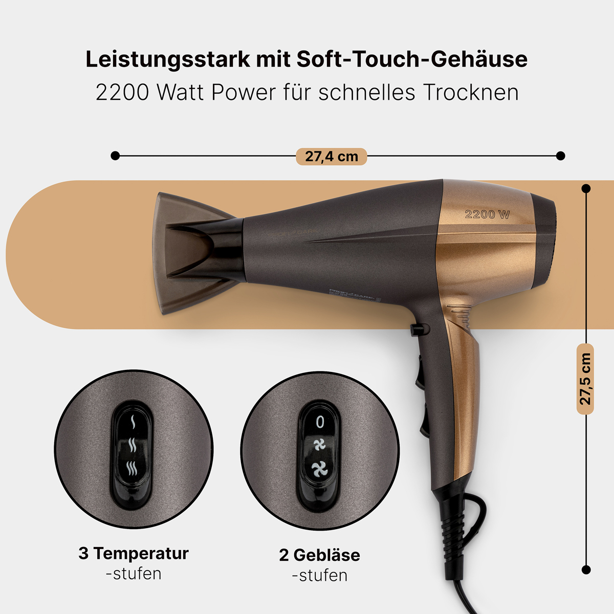 Suszarka do włosów z wymiarami i elementami sterującymi, brązowo-złota kolorystyka.
