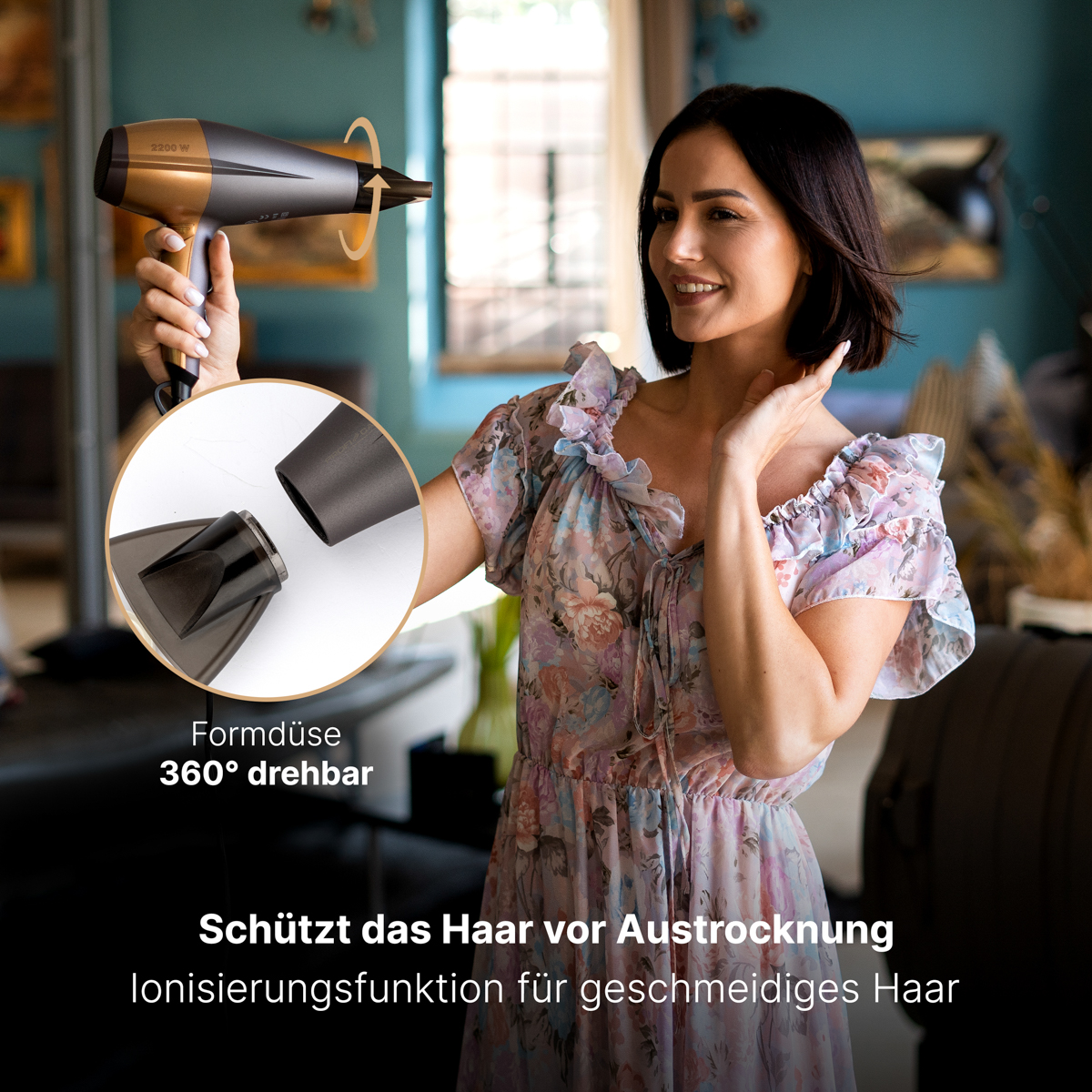 Kobieta używająca suszarki do włosów, suszarka jest złota i czarna. Okrągła wkładka pokazuje nasadki.