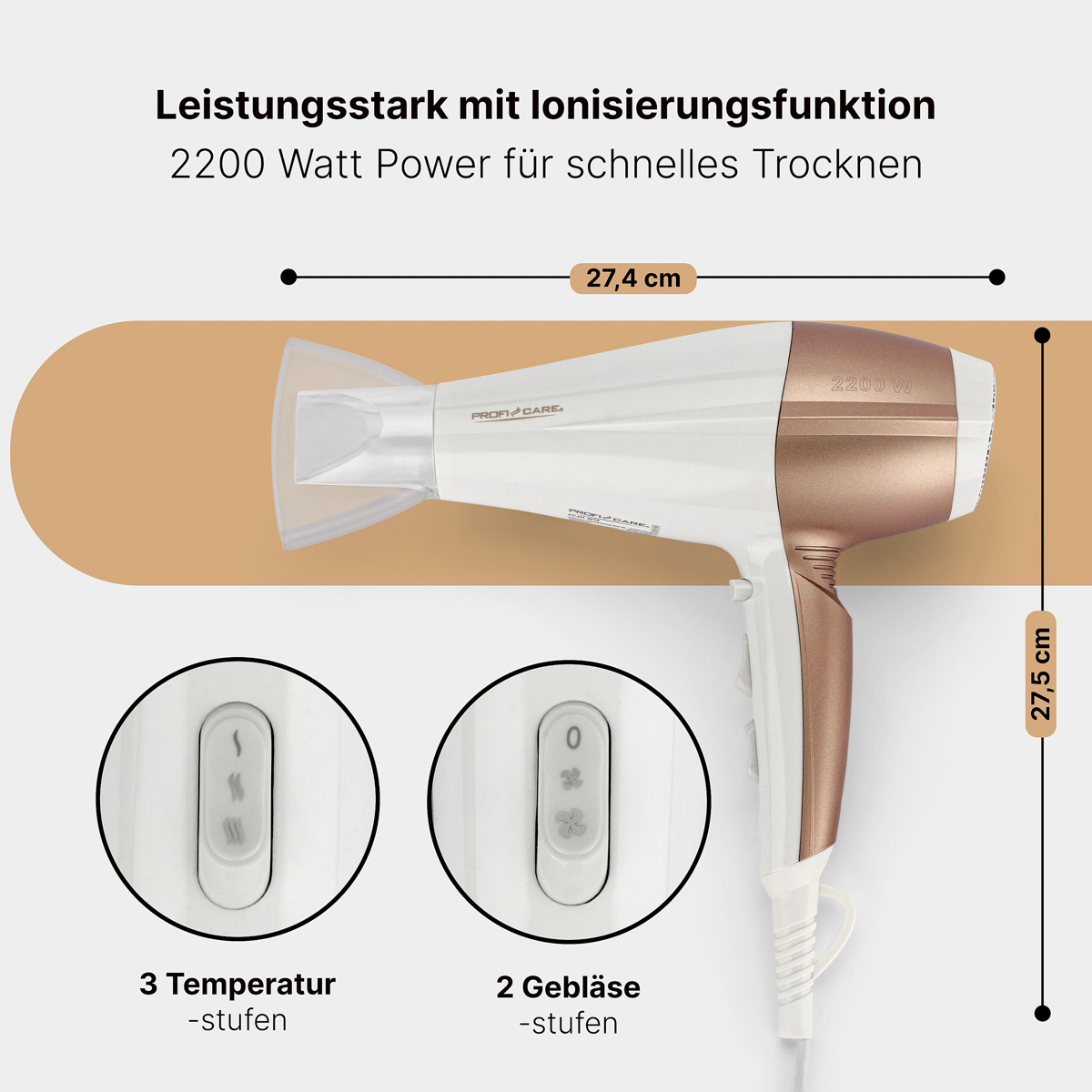 Biała i różowo-złota suszarka do włosów. Obecne są również wymiary i elementy sterujące. Białe tło.