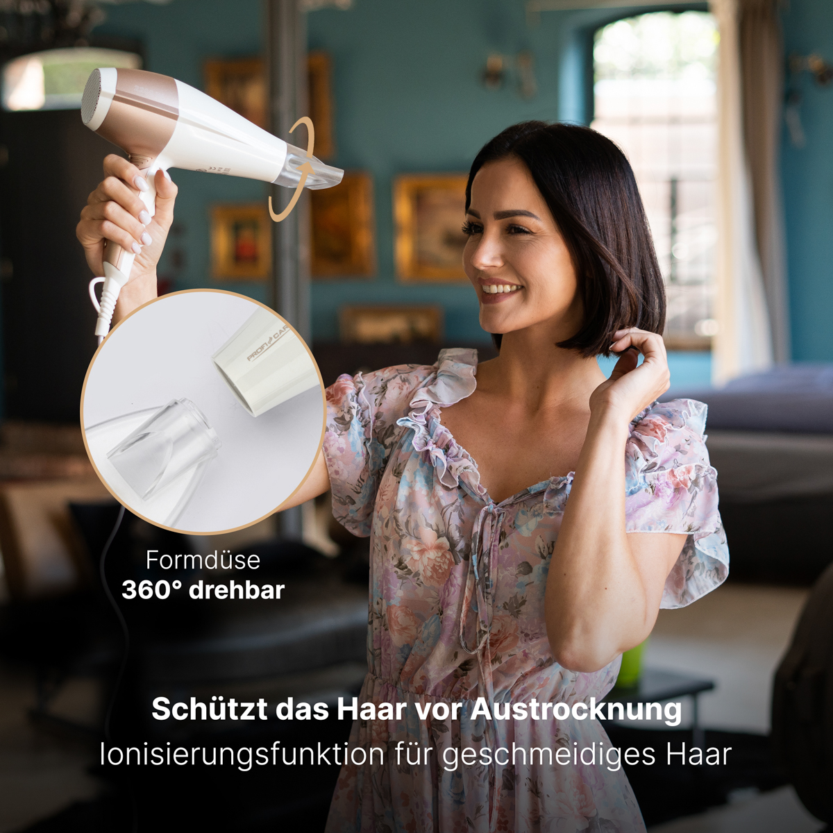 Kobieta używa suszarki. Tekst: Obrotowa dysza 360°, chroni przed wysuszeniem, funkcja jonizacji.