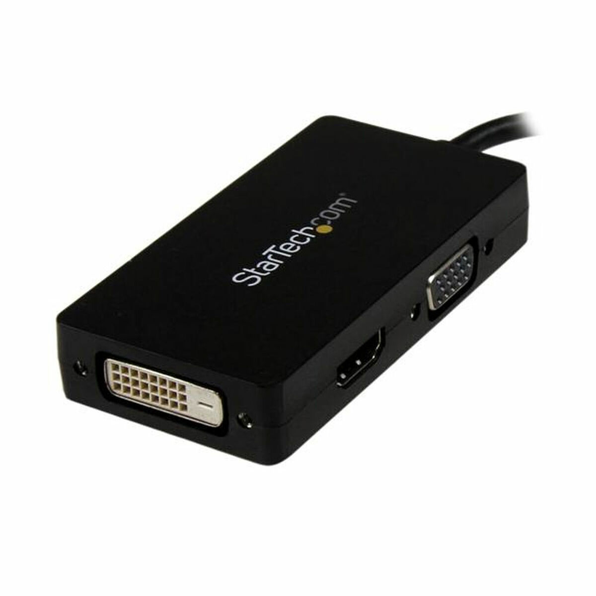 Adaptador negro con múltiples puertos, incluyendo DVI, HDMI y VGA.