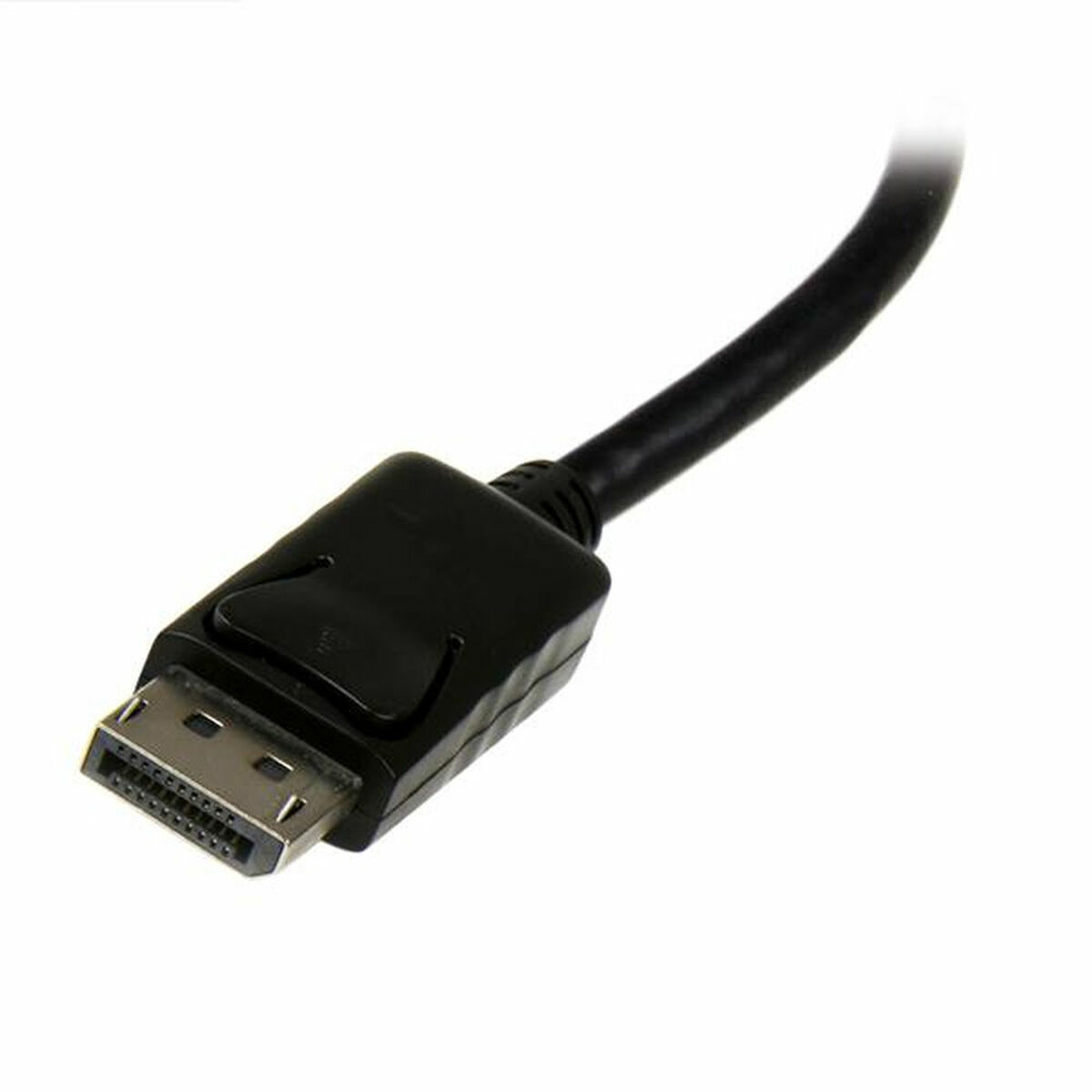 Un cable DisplayPort negro con un conector en un extremo, aislado sobre un fondo blanco.