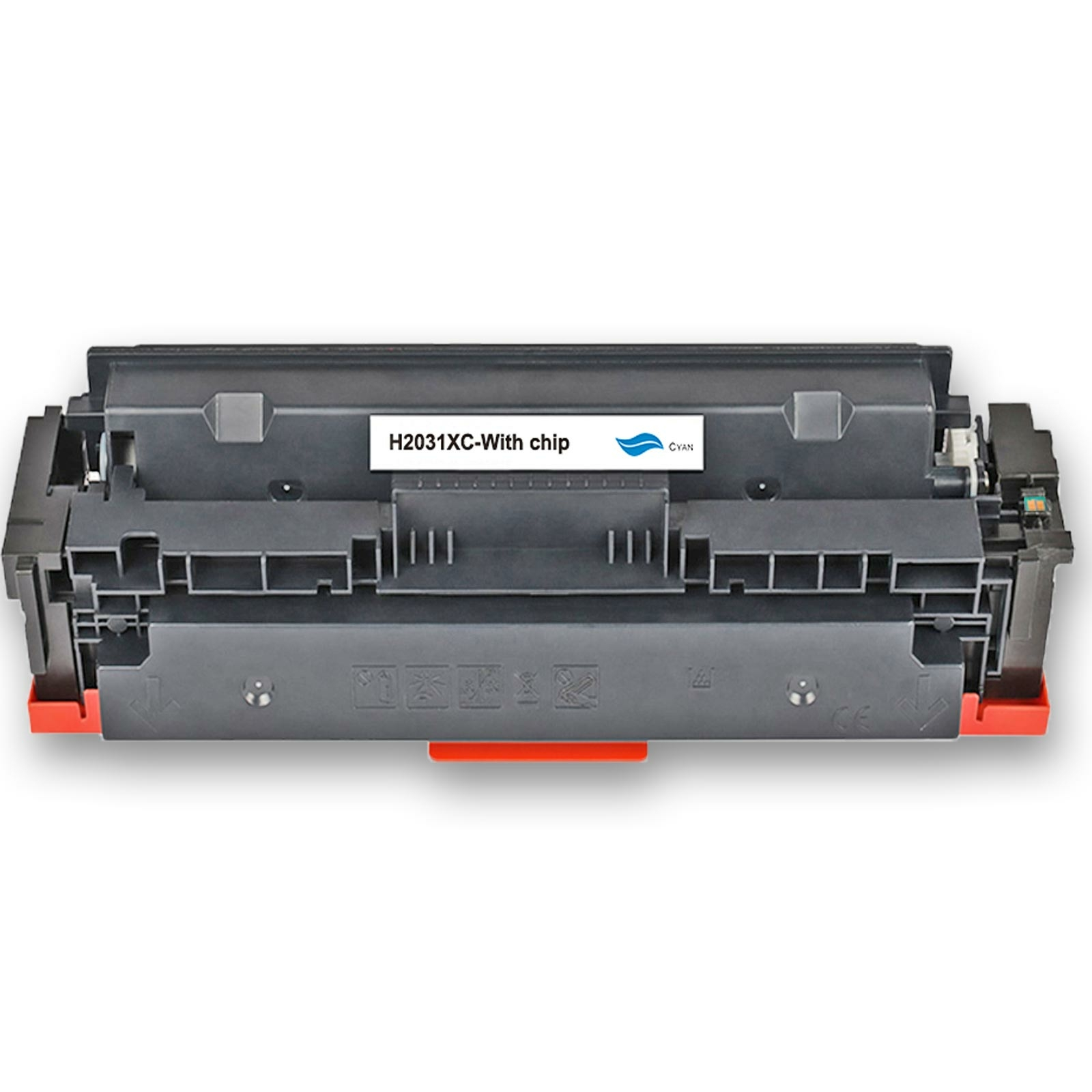 Schwarzer und roter Druckerton. Hat ein Etikett mit der Aufschrift 'H2031XC-With chip, Cyan'.