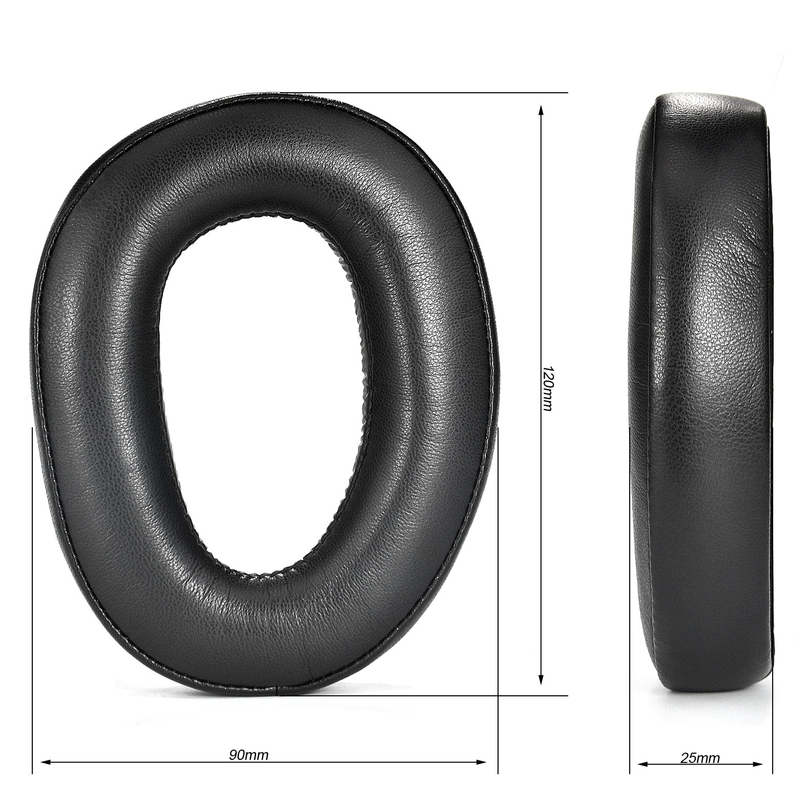 Zwarte oorkussens, met afmetingen: 120 mm, 90 mm, 25 mm.