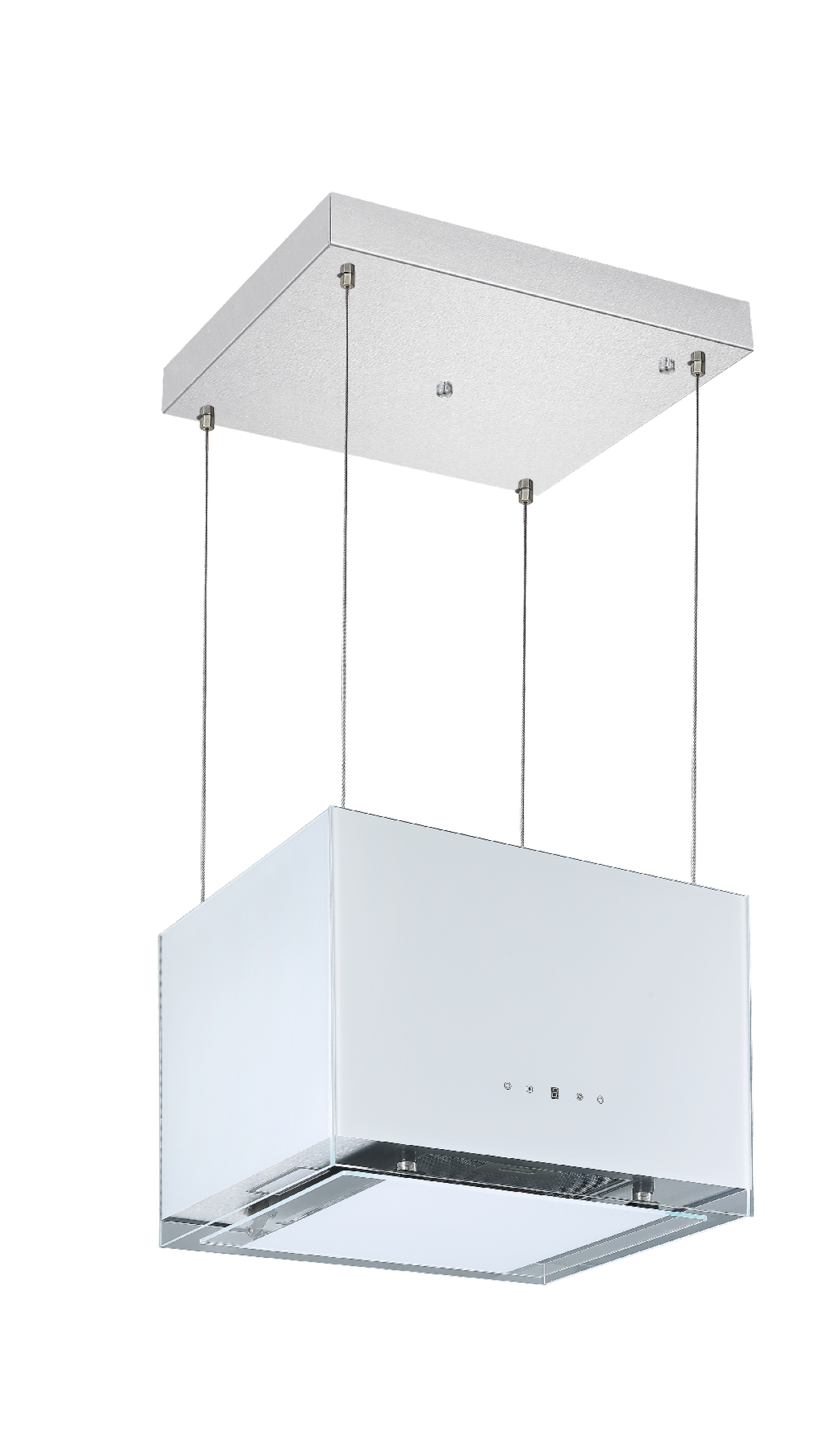 A white, square, hanging range hood with a silver base, suspended by cables.