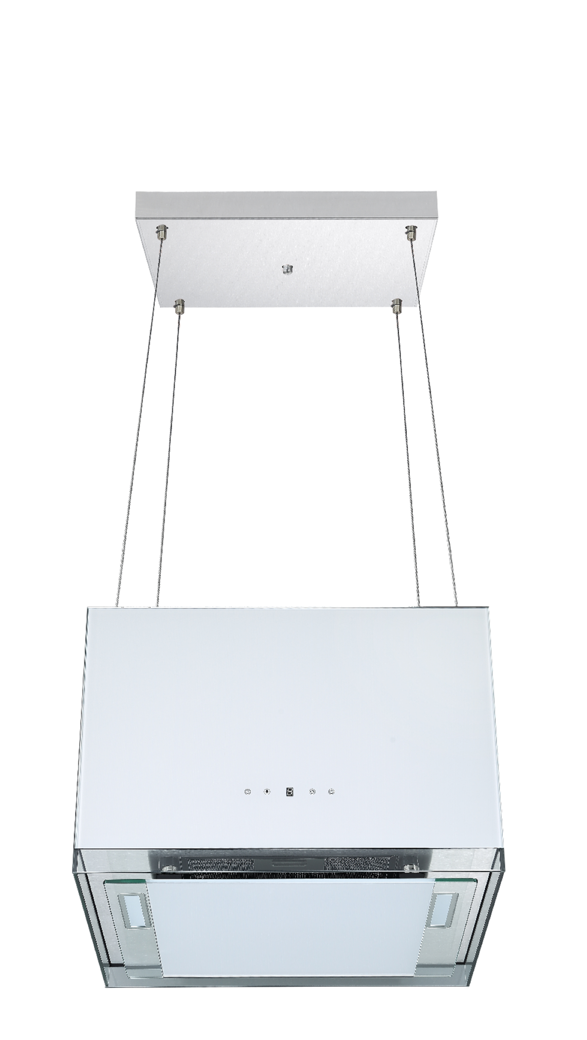 White kitchen hood hanging from the ceiling, on a white background.