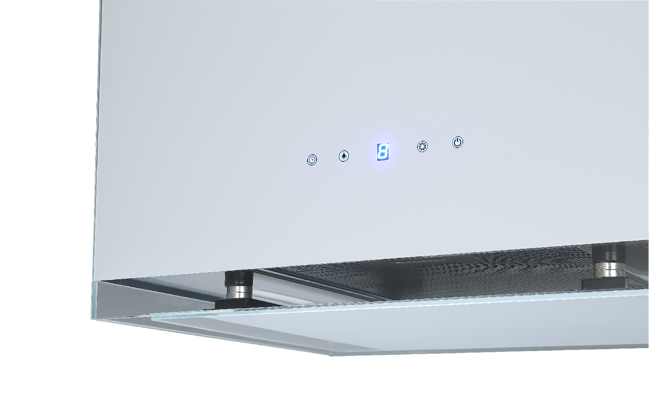 A white kitchen hood with a digital display showing a number, with some buttons.