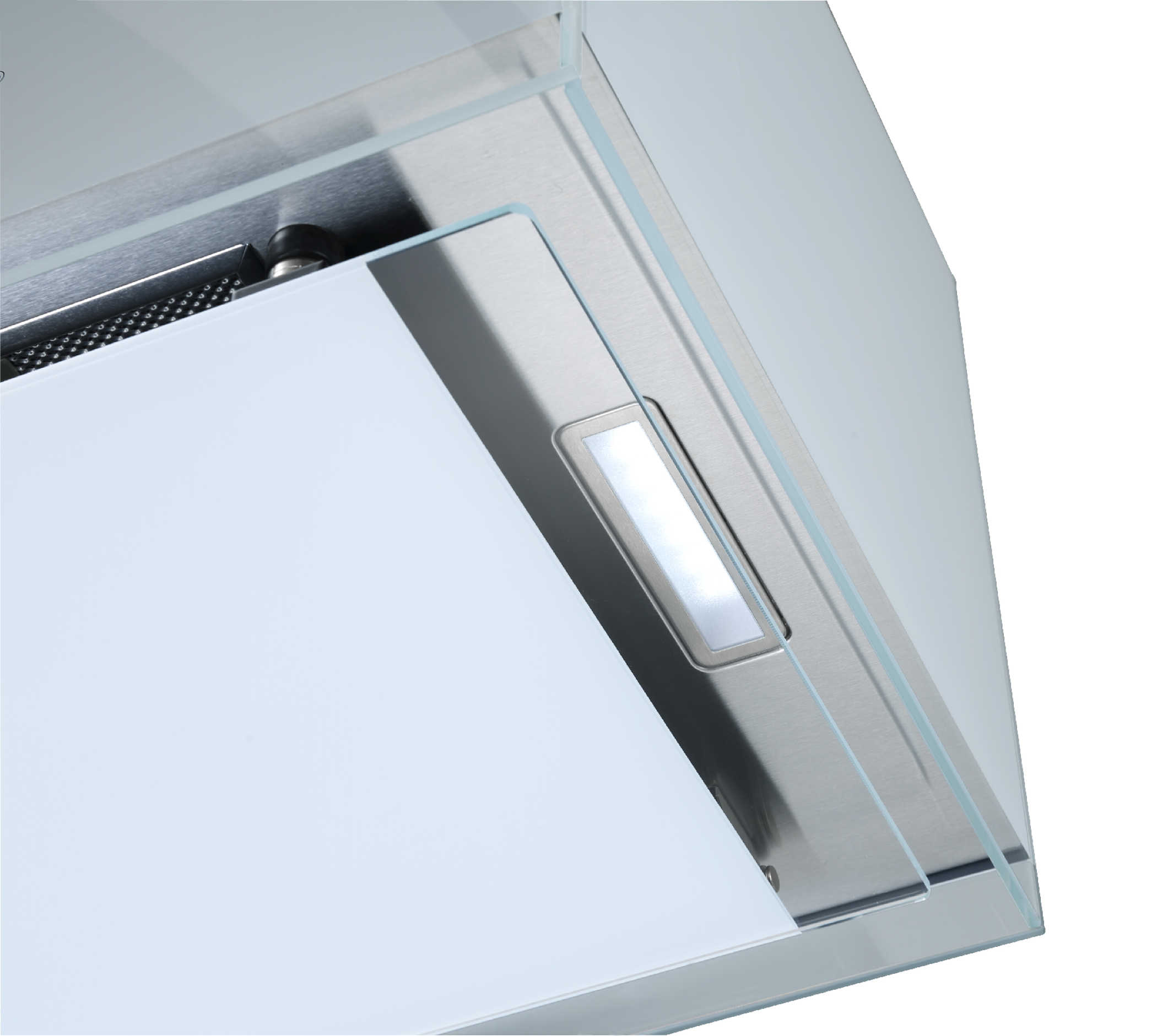 Close-up of the corner of a white range hood with glass and stainless steel panels.