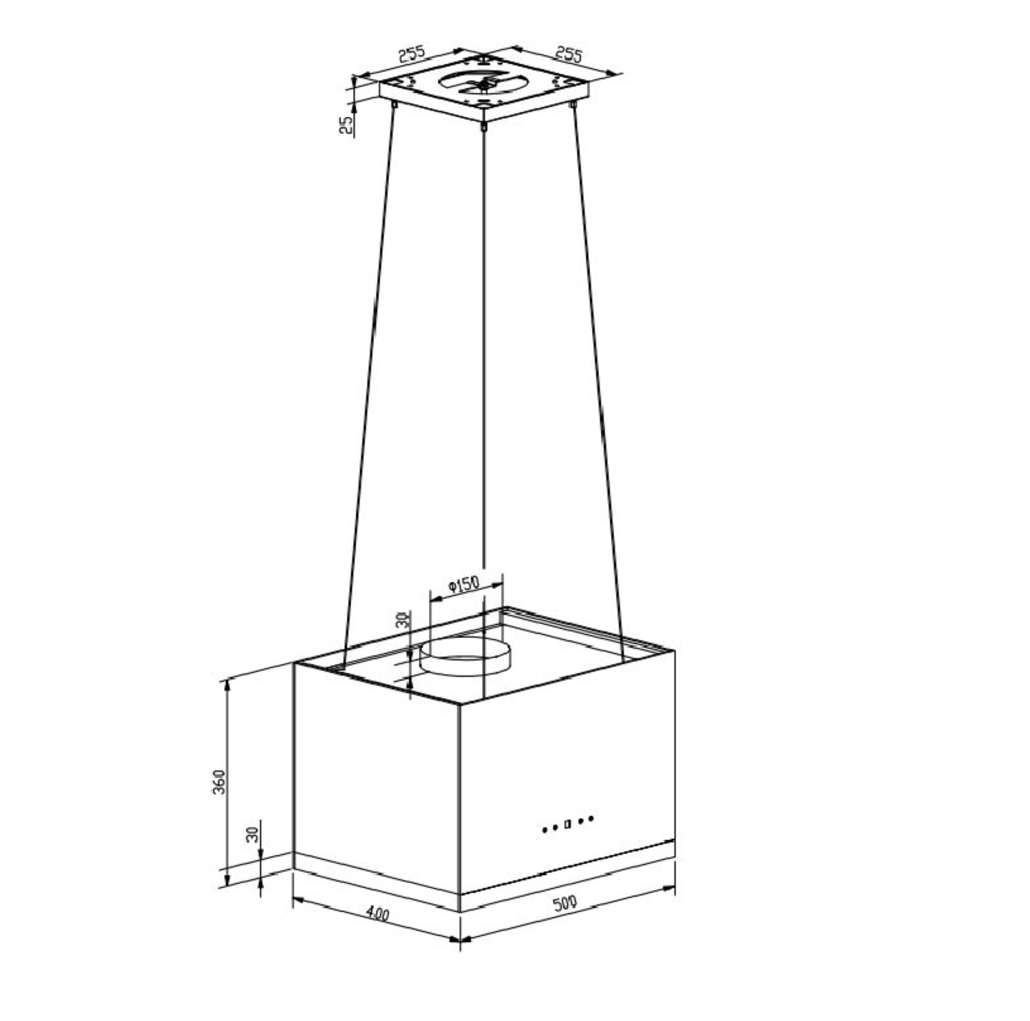 A technical drawing of a kitchen hood with dimensions. It is a top view and has a square shape.
