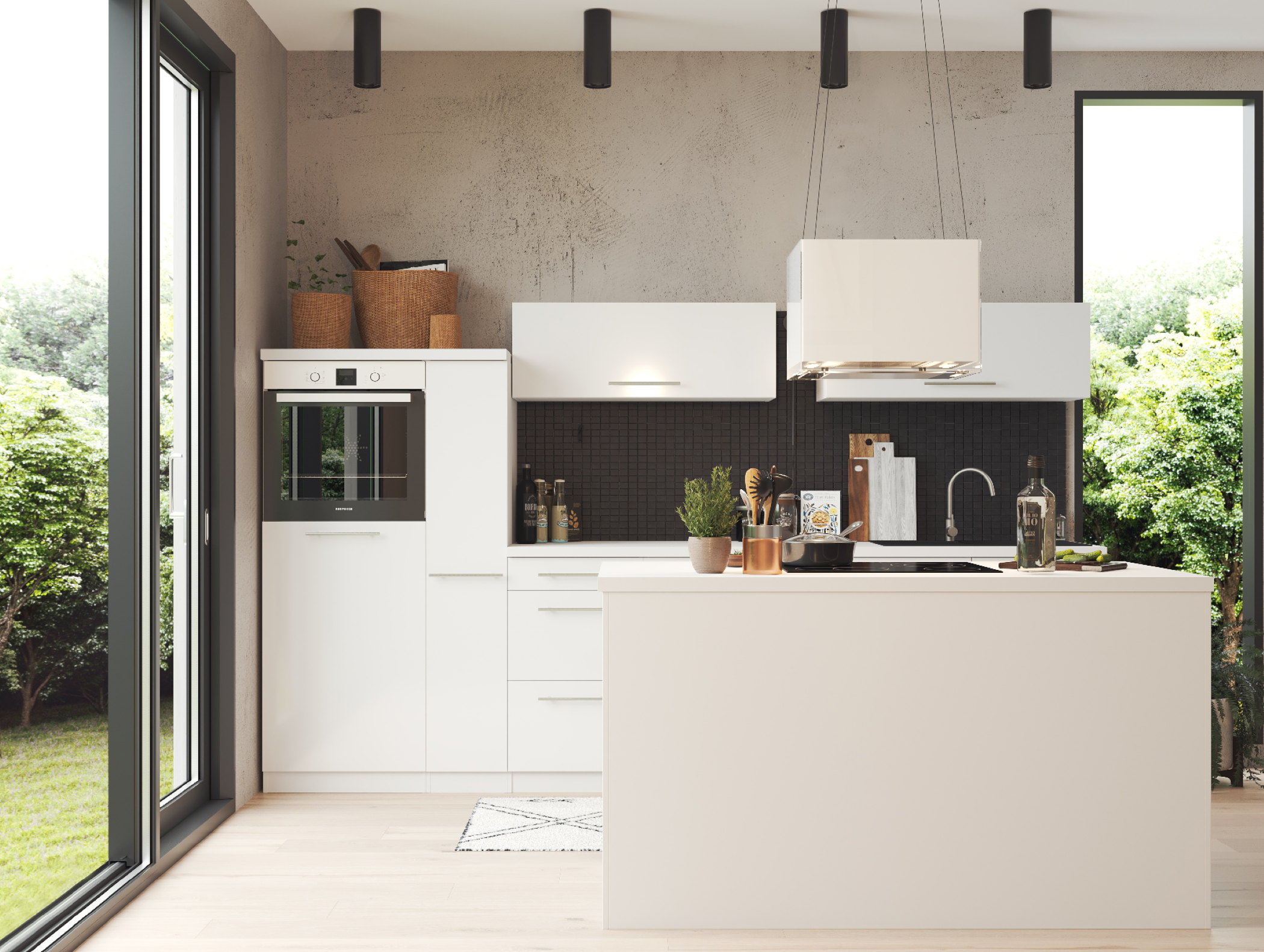 White kitchen with island, black backsplash, wooden floor, and large window with greenery view.