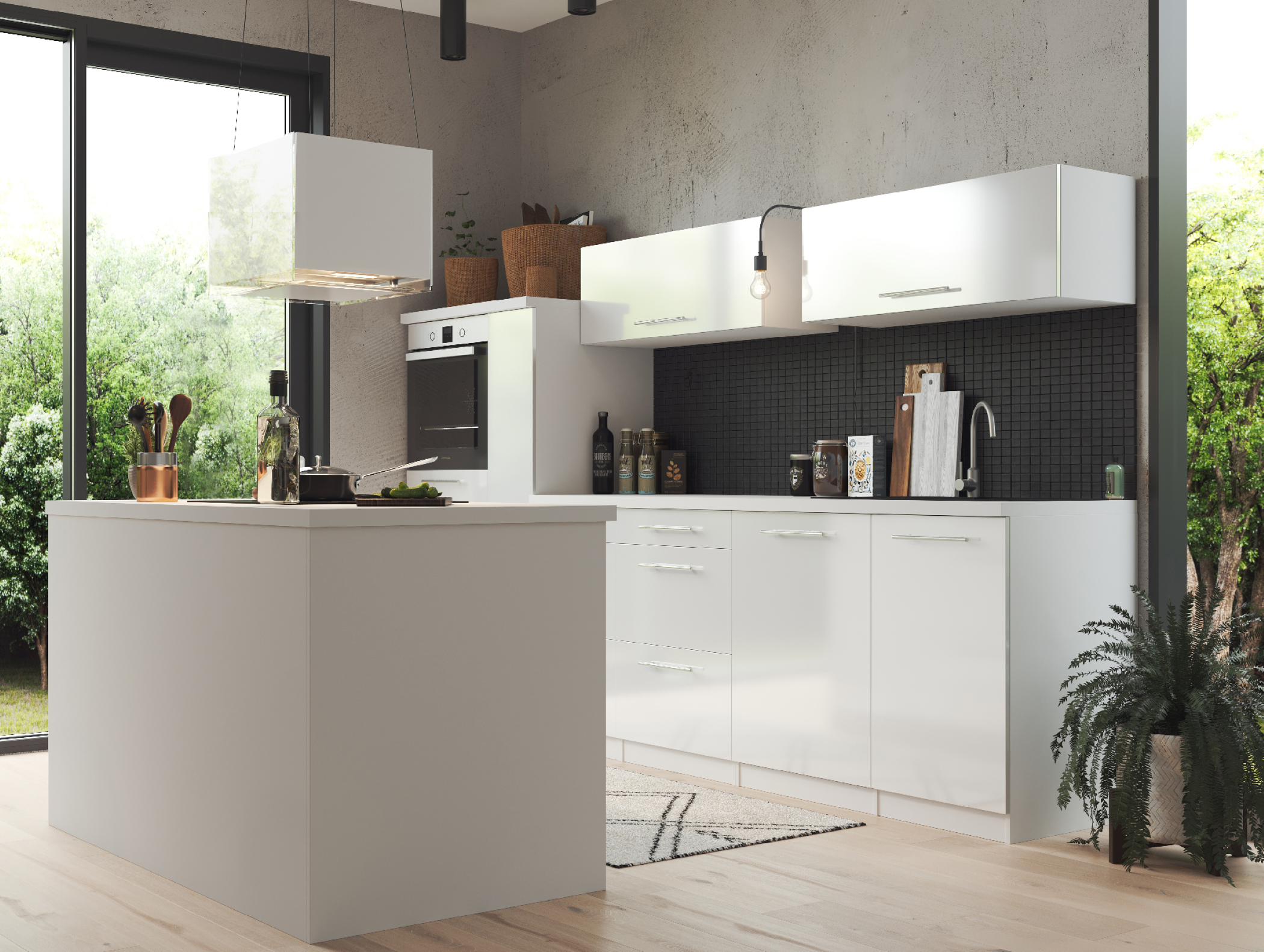 Modern white kitchen with island, cabinets, appliances, and a view of a green outdoor area through a window.