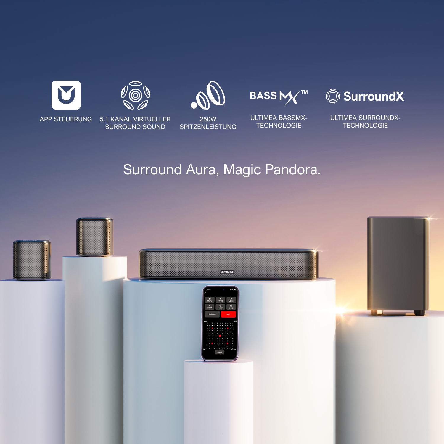 Ein Surround-Sound-System mit mehreren Lautsprechern und einer Fernbedienung.