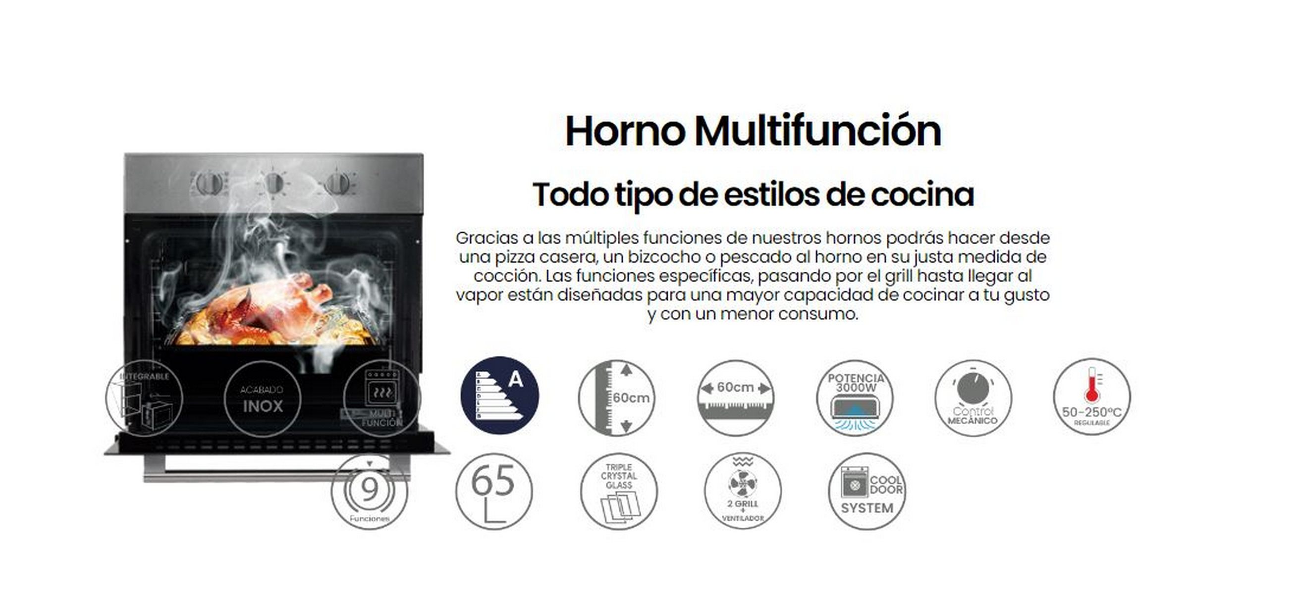 Un horno de acero inoxidable con la puerta abierta mostrando un pollo cocinado dentro.