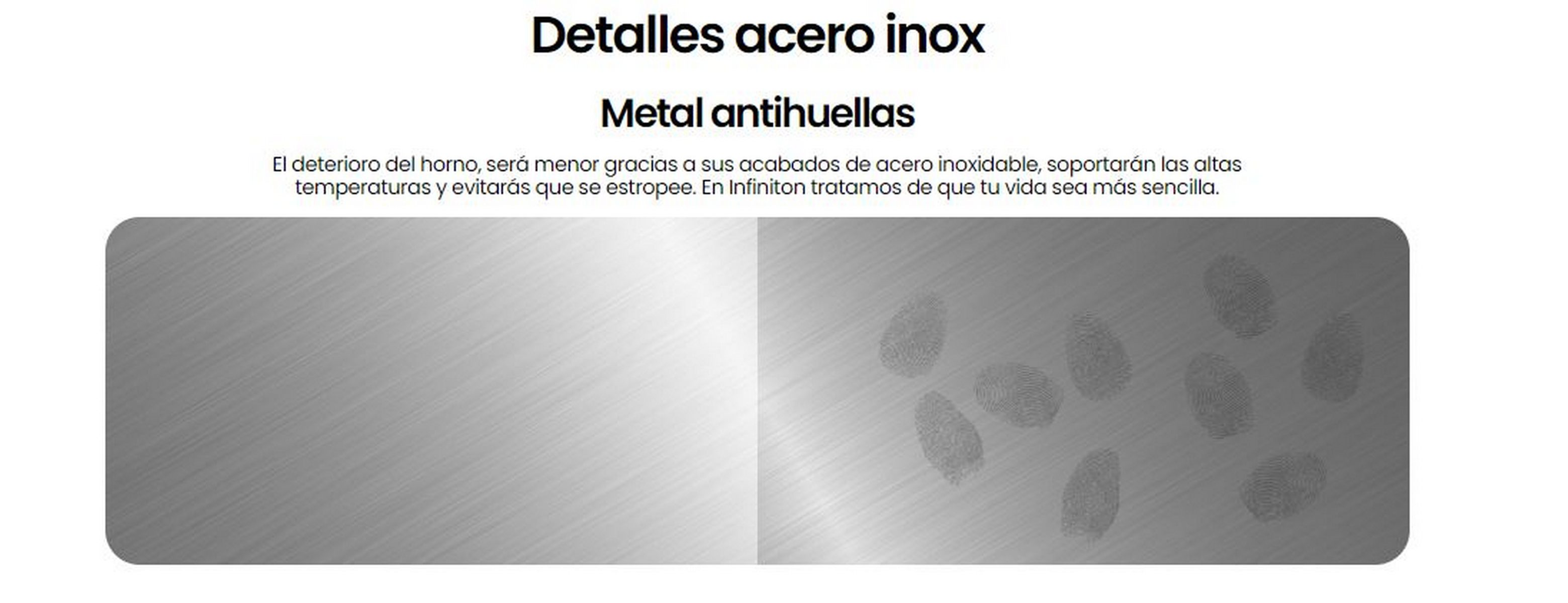 Primer plano de superficie de acero inoxidable con una huella dactilar y texto sobre la superficie.