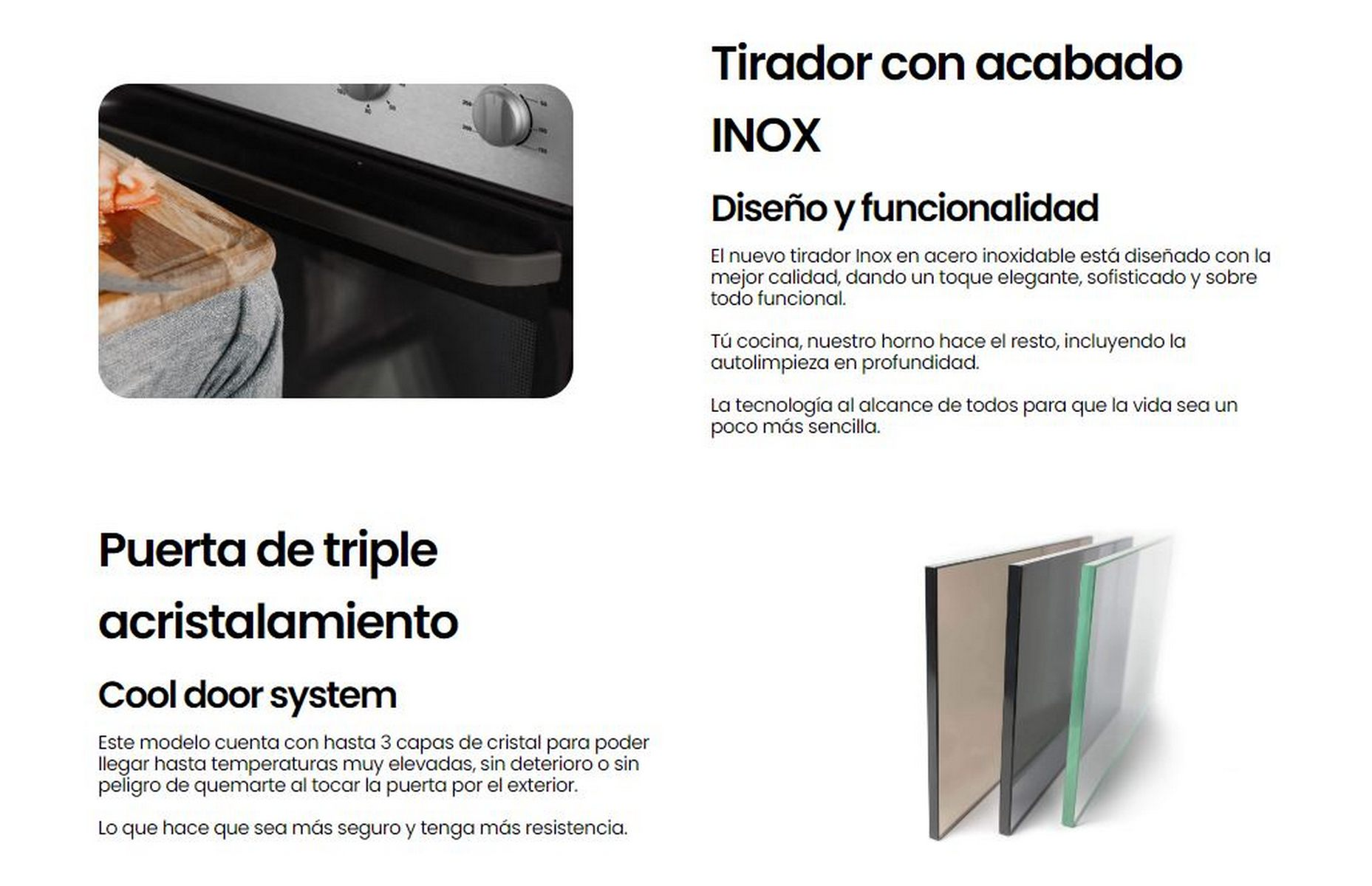 Un detalle del horno con descripciones de texto, puerta de cristal y asa de acero inoxidable, fondo blanco.