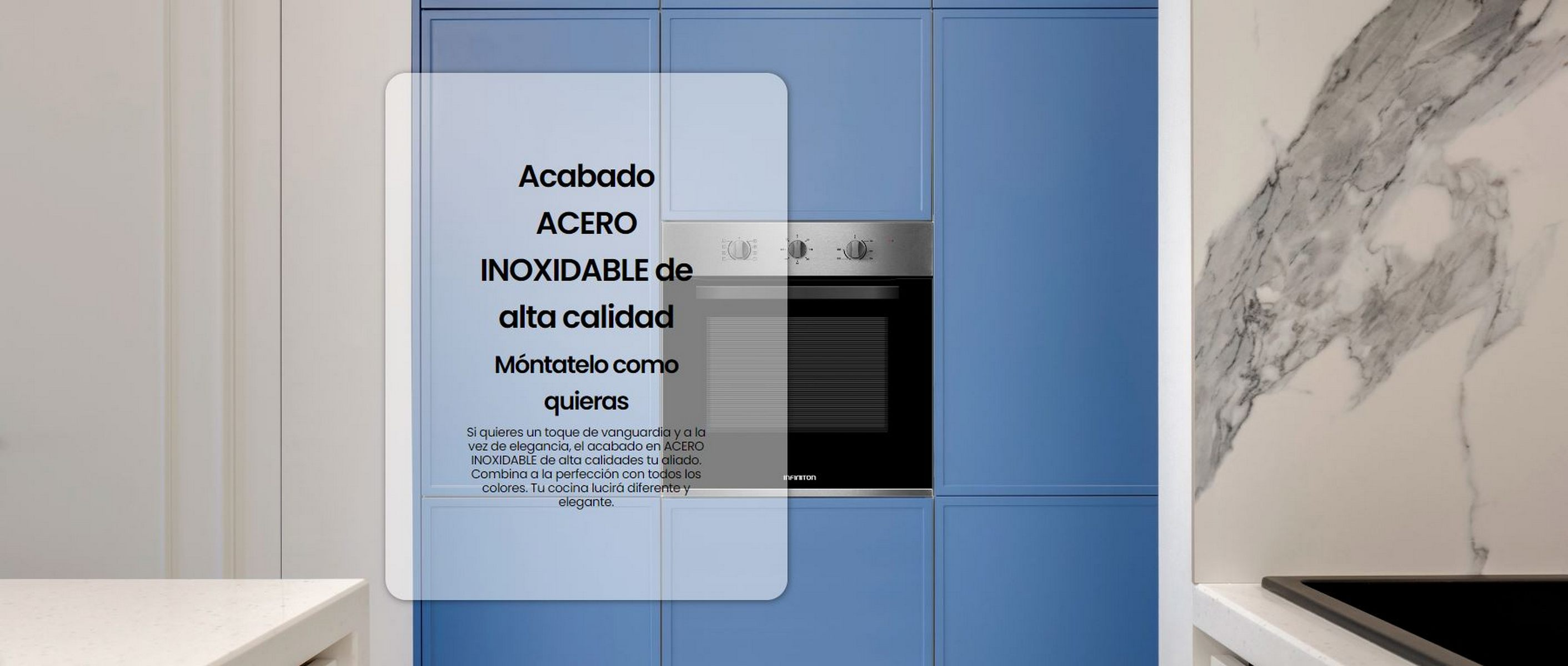 Armarios de cocina azules con horno de acero inoxidable. Superposición de texto: acabado de acero inoxidable, alta calidad, instalar como desee.