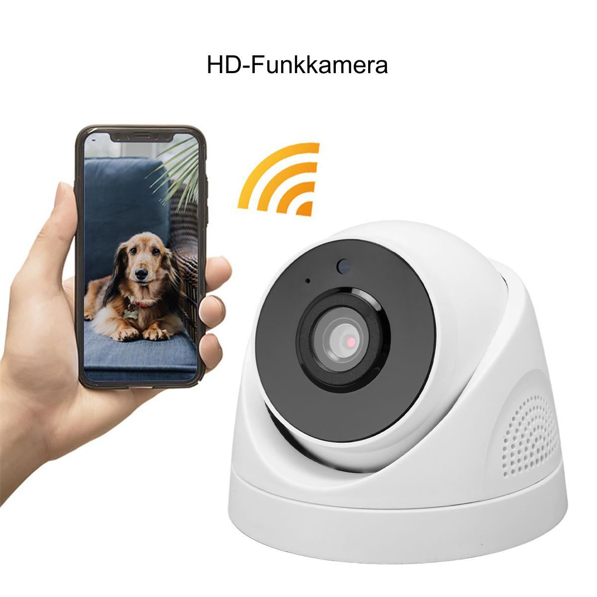 Eine weiße Überwachungskamera neben einem Telefon, das ein Hunde-Bild zeigt. Drahtlos-Signal-Symbol.