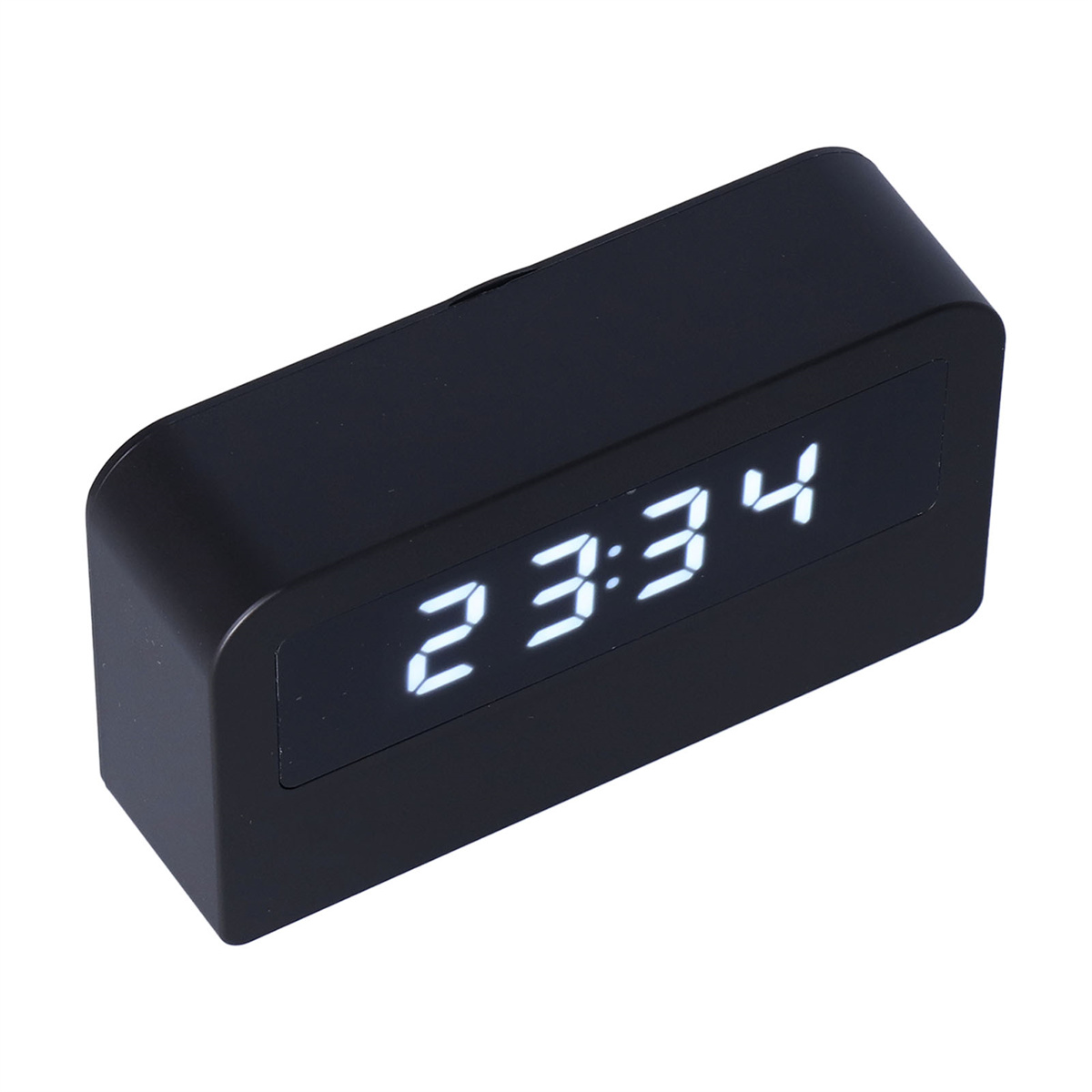 Eine schwarze Digitaluhr, die 23:34 anzeigt. Die Uhr hat eine rechteckige Form.