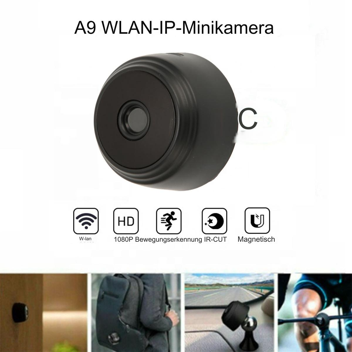 Eine schwarze Mini-Kamera mit WLAN, HD und anderen Symbolen, gezeigt mit anderen Bildern.