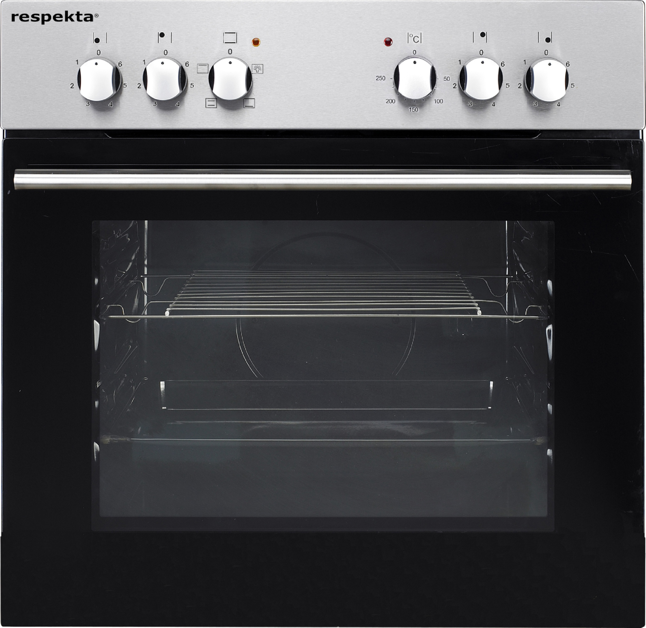 Zilveren oven met glazen deur, knoppen bovenop. Roosters binnenin. Zwart frame.